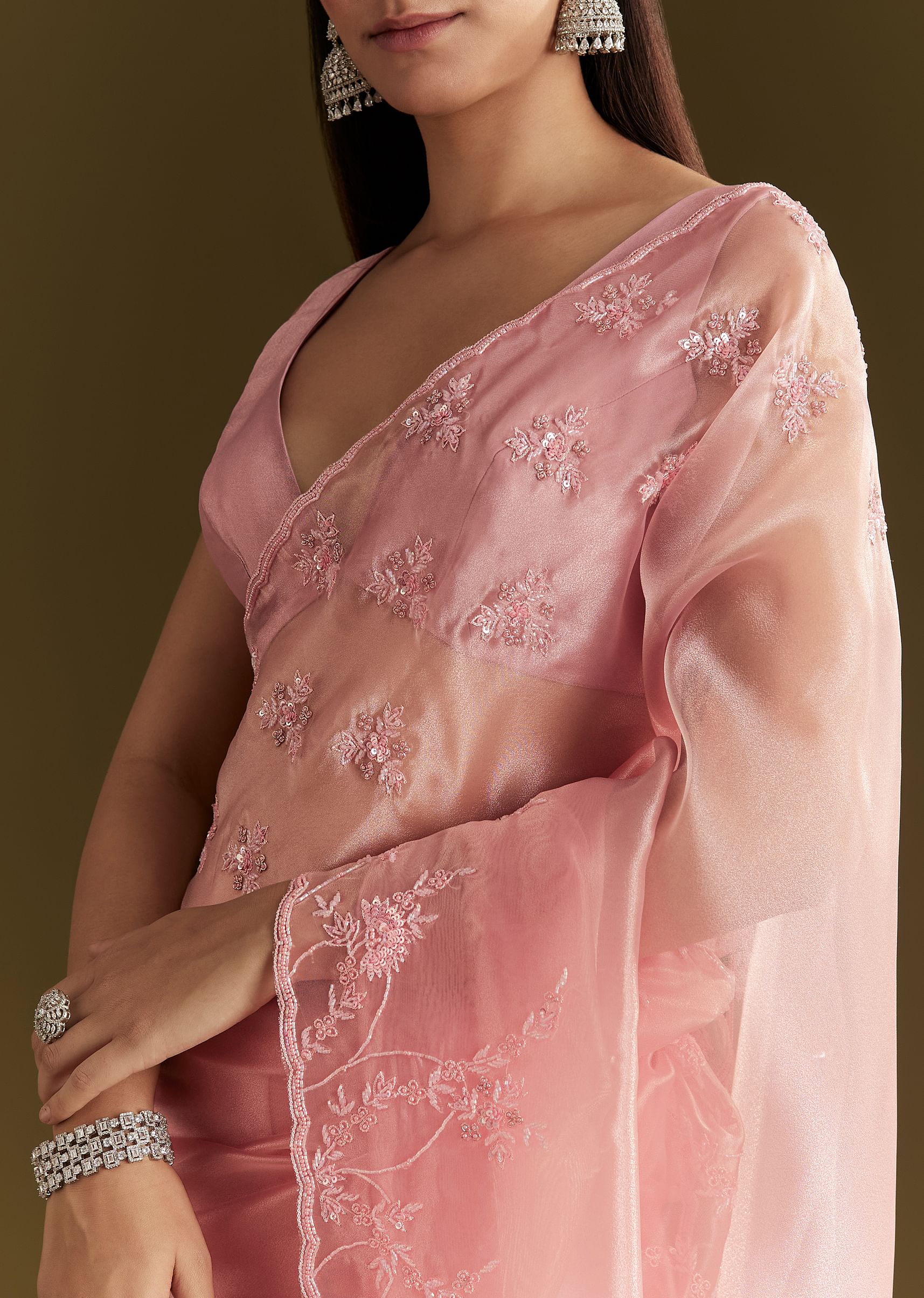 Pink Tissue Saree With Heavy Cutdana And Beads Embroidery - Image 3