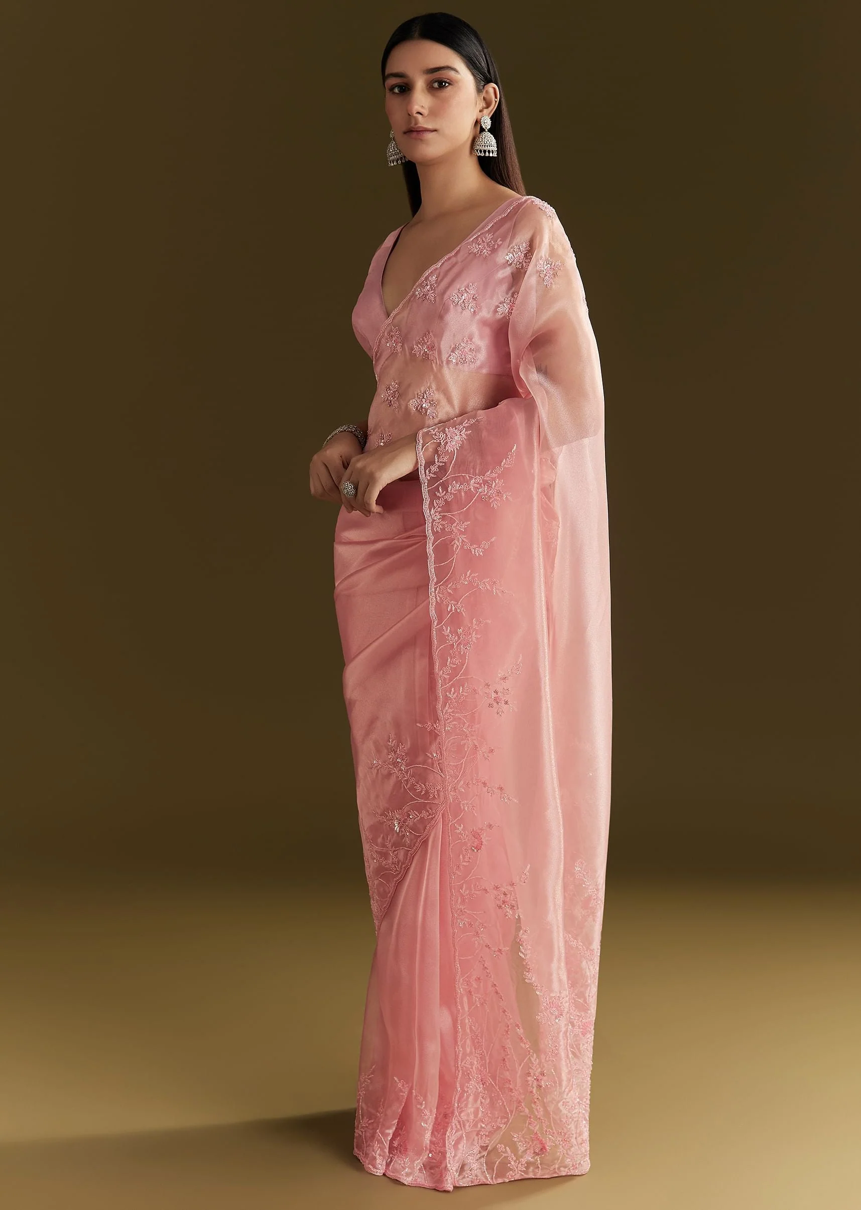 Pink Tissue Saree With Heavy Cutdana And Beads Embroidery - Image 5