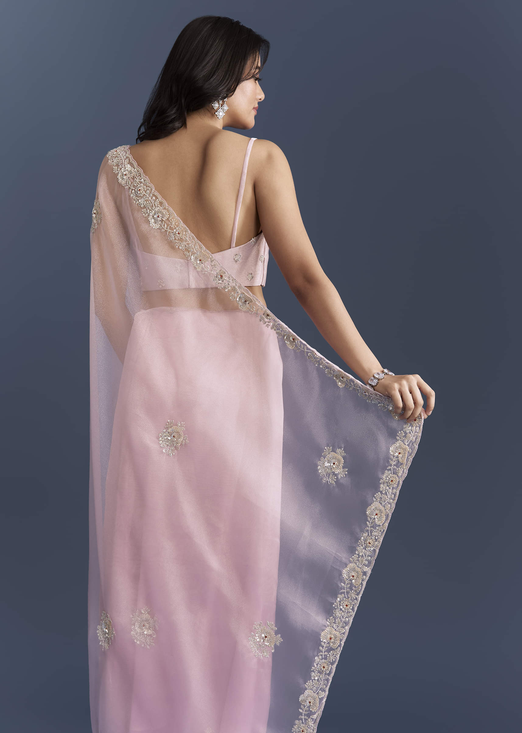 Pink Tissue Saree With Heavy Floral Hand Embroidery - Image 6