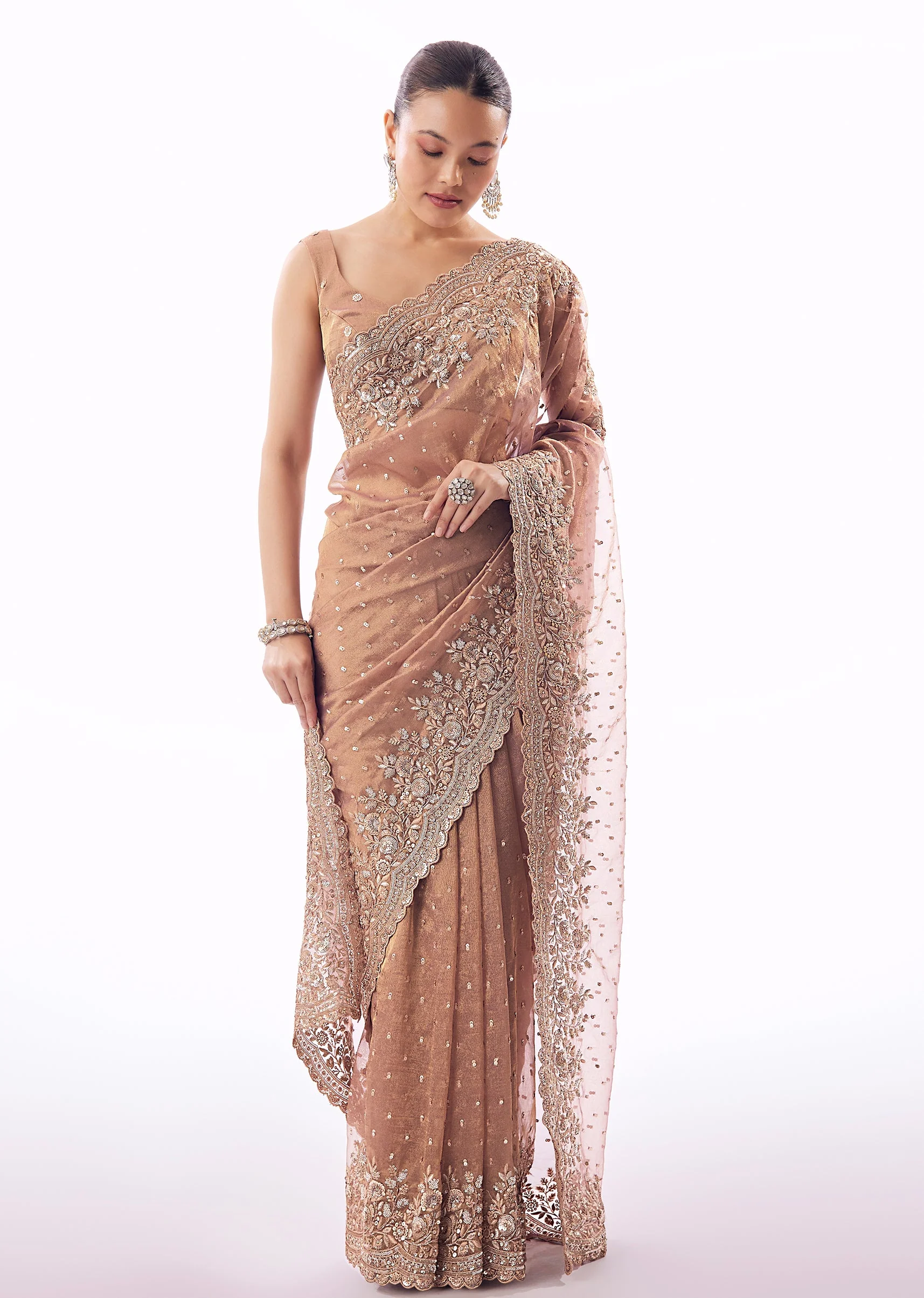 Pink Tissue Saree With Heavy Sequin And Cutdana Embroidered Border - Image 3
