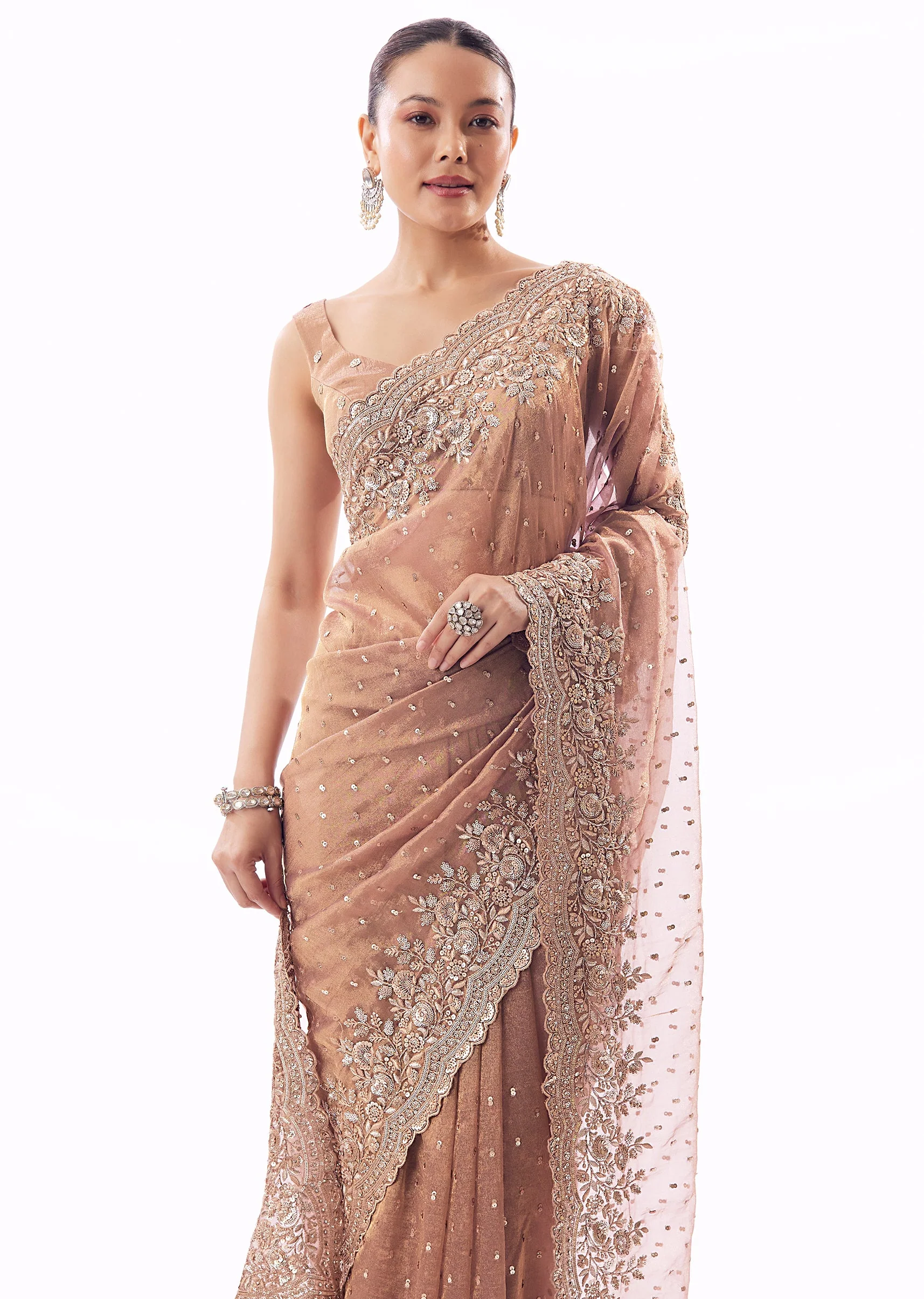 Pink Tissue Saree With Heavy Sequin And Cutdana Embroidered Border - Image 5