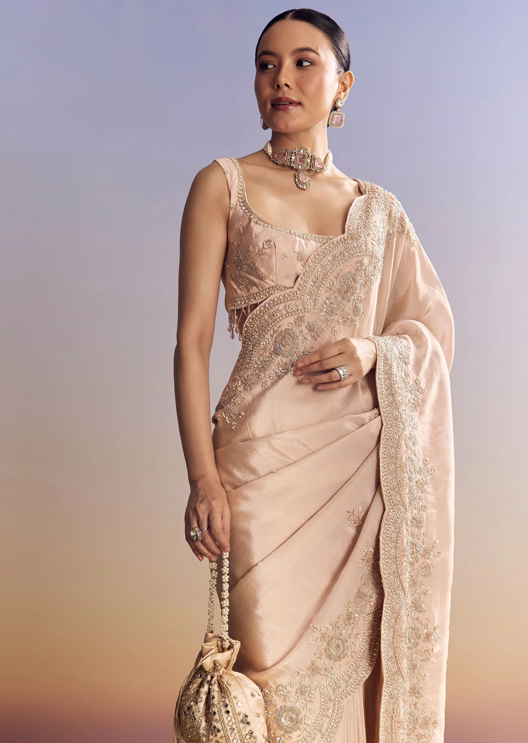Pink Tissue Saree With Scallop Border - Image 5