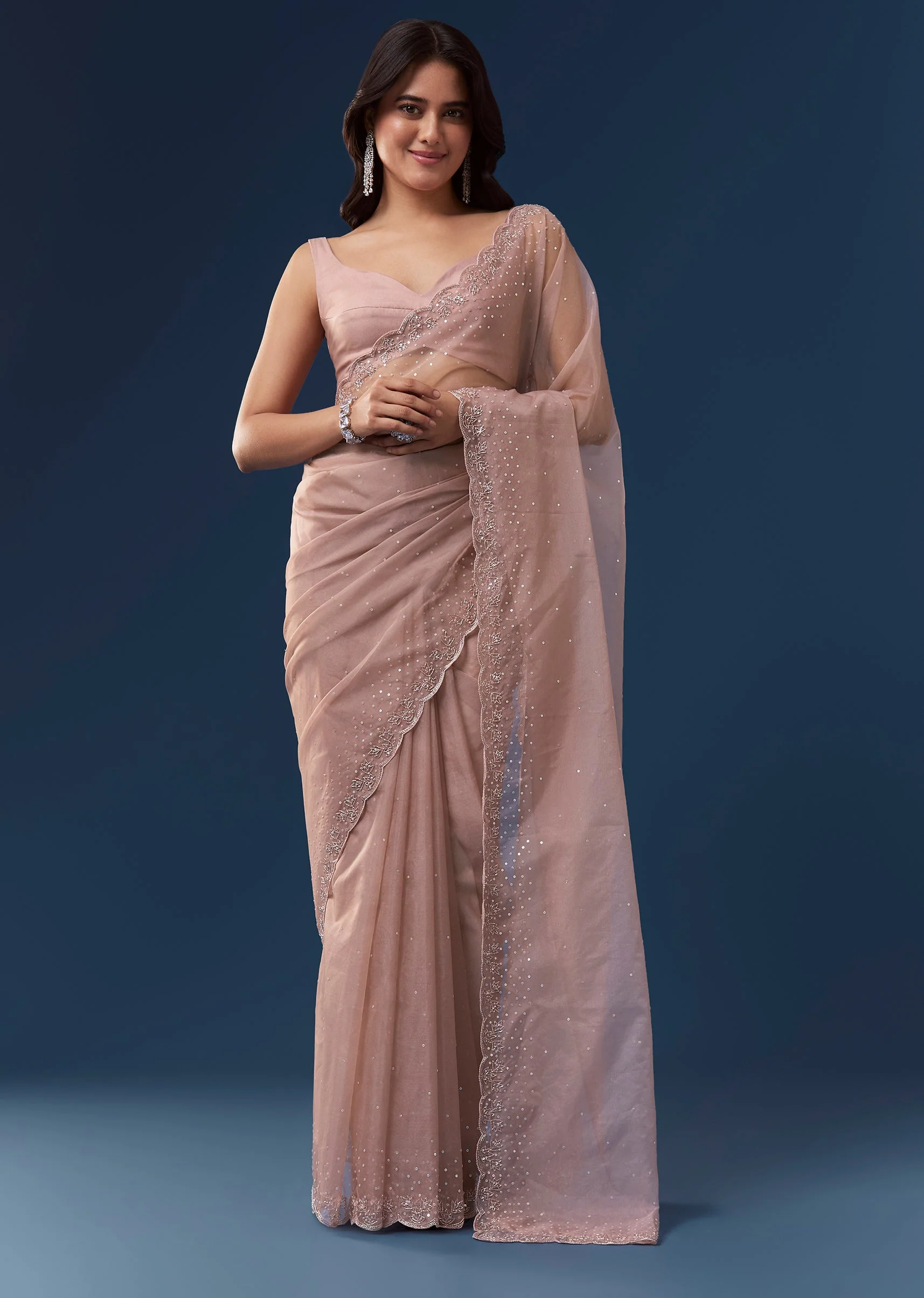 Pink Tissue Saree With Scallop Border And Cutdana Sequin Embroidery