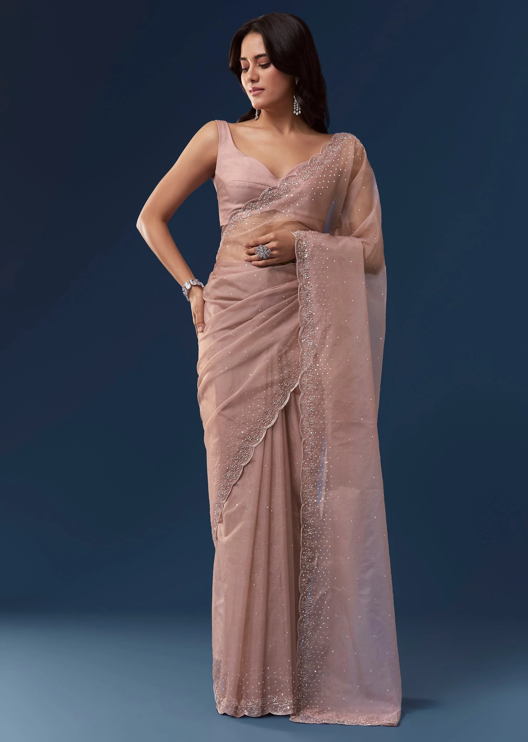 Pink Tissue Saree With Scallop Border And Cutdana Sequin Embroidery - Image 3