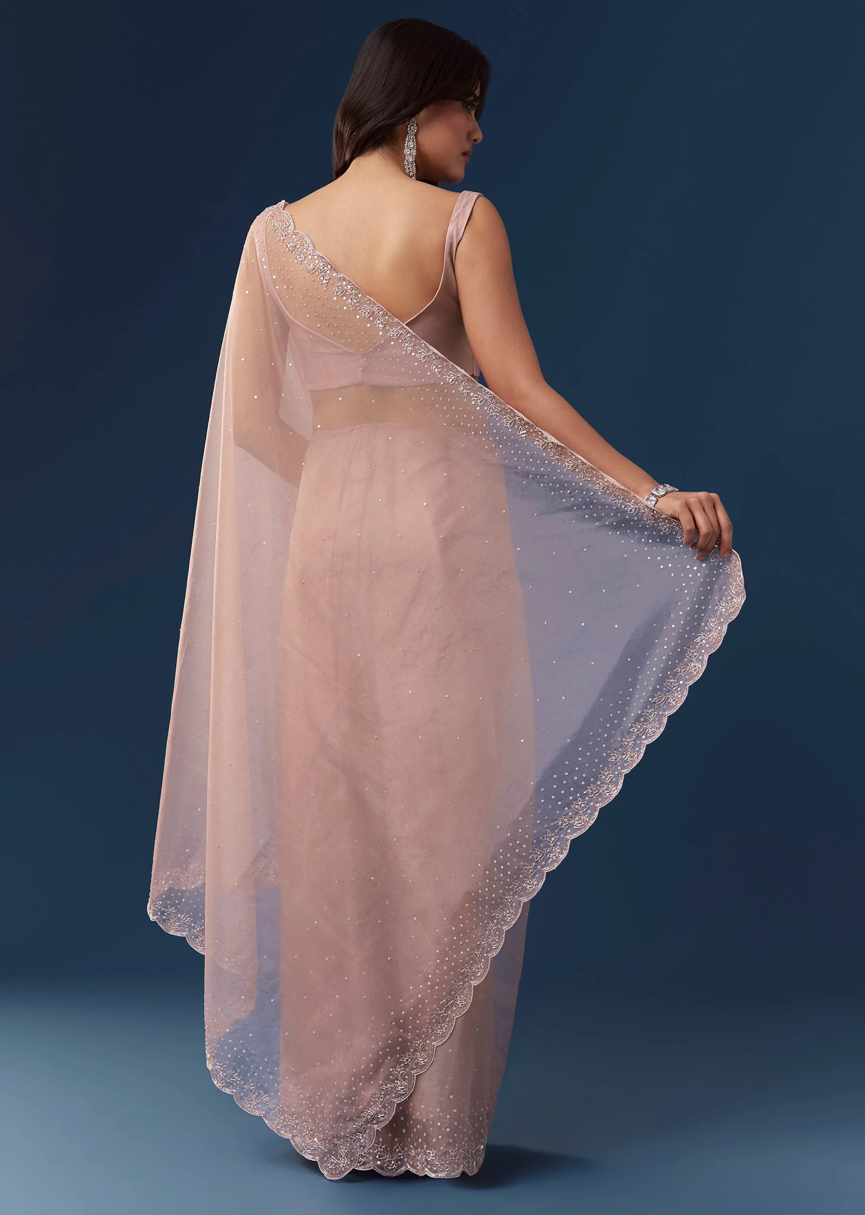 Pink Tissue Saree With Scallop Border And Cutdana Sequin Embroidery - Image 4