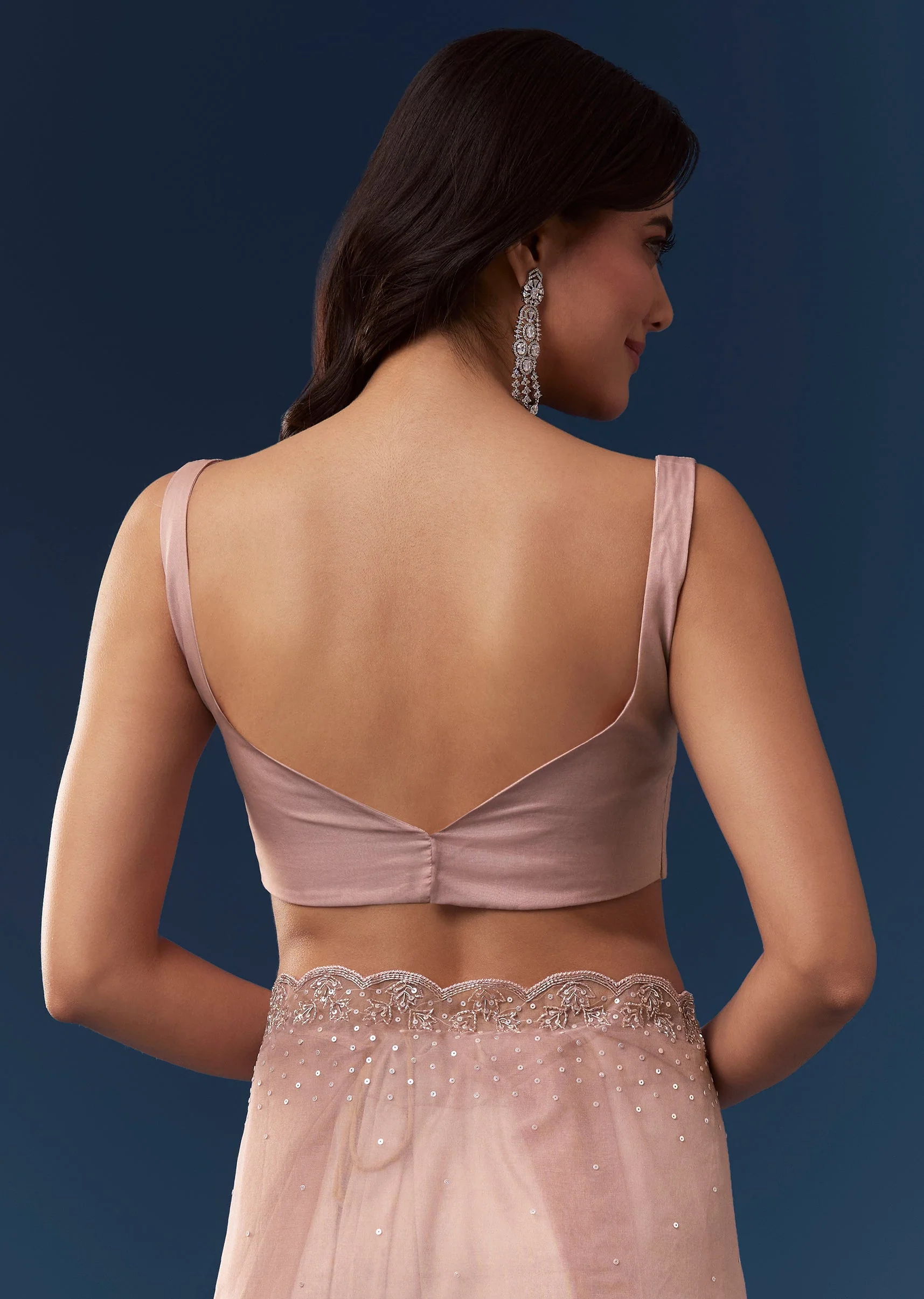 Pink Tissue Saree With Scallop Border And Cutdana Sequin Embroidery - Image 8