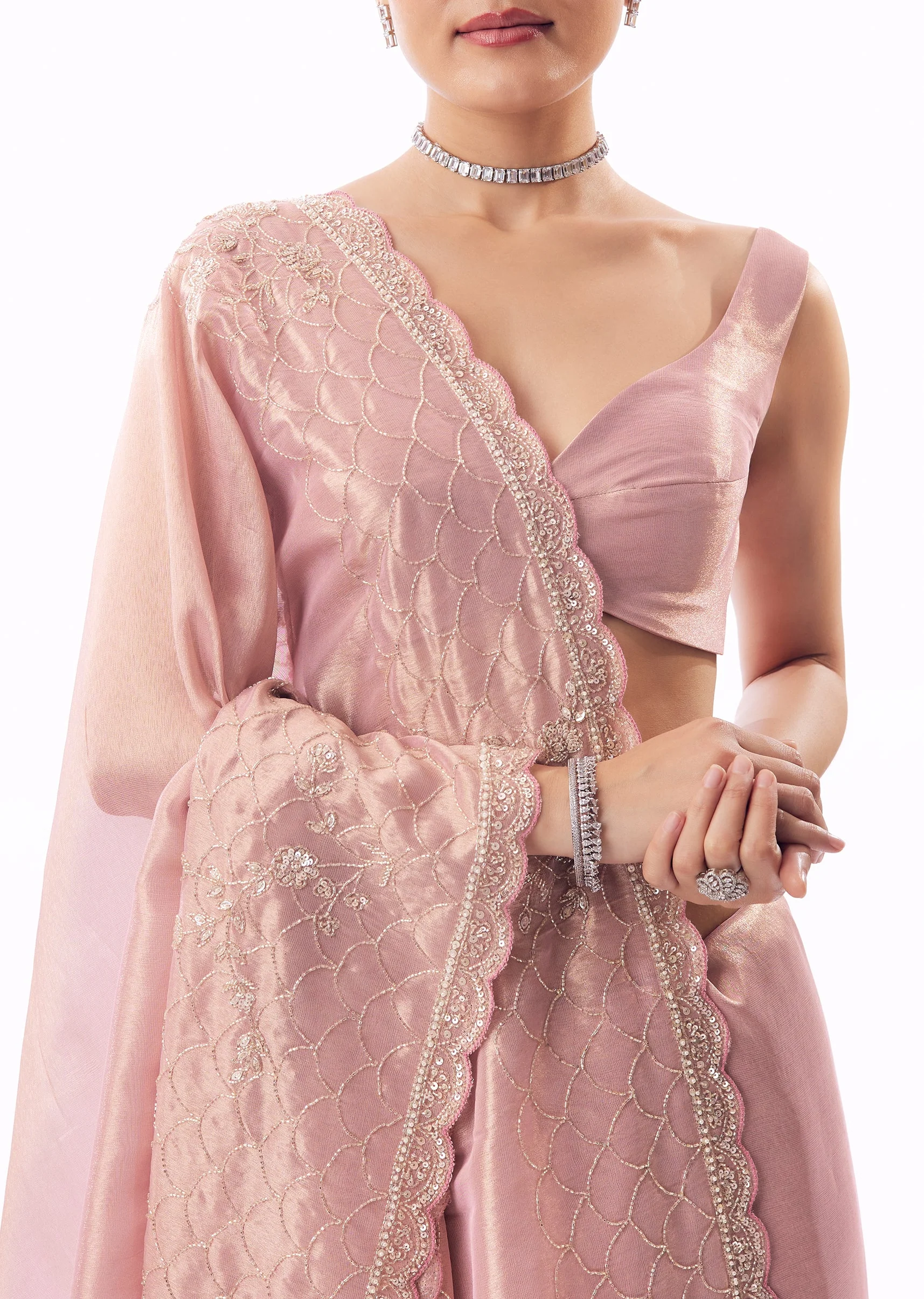 Pink Tissue Saree With Scallop Border And Floral Cutdana Embroidery - Image 2