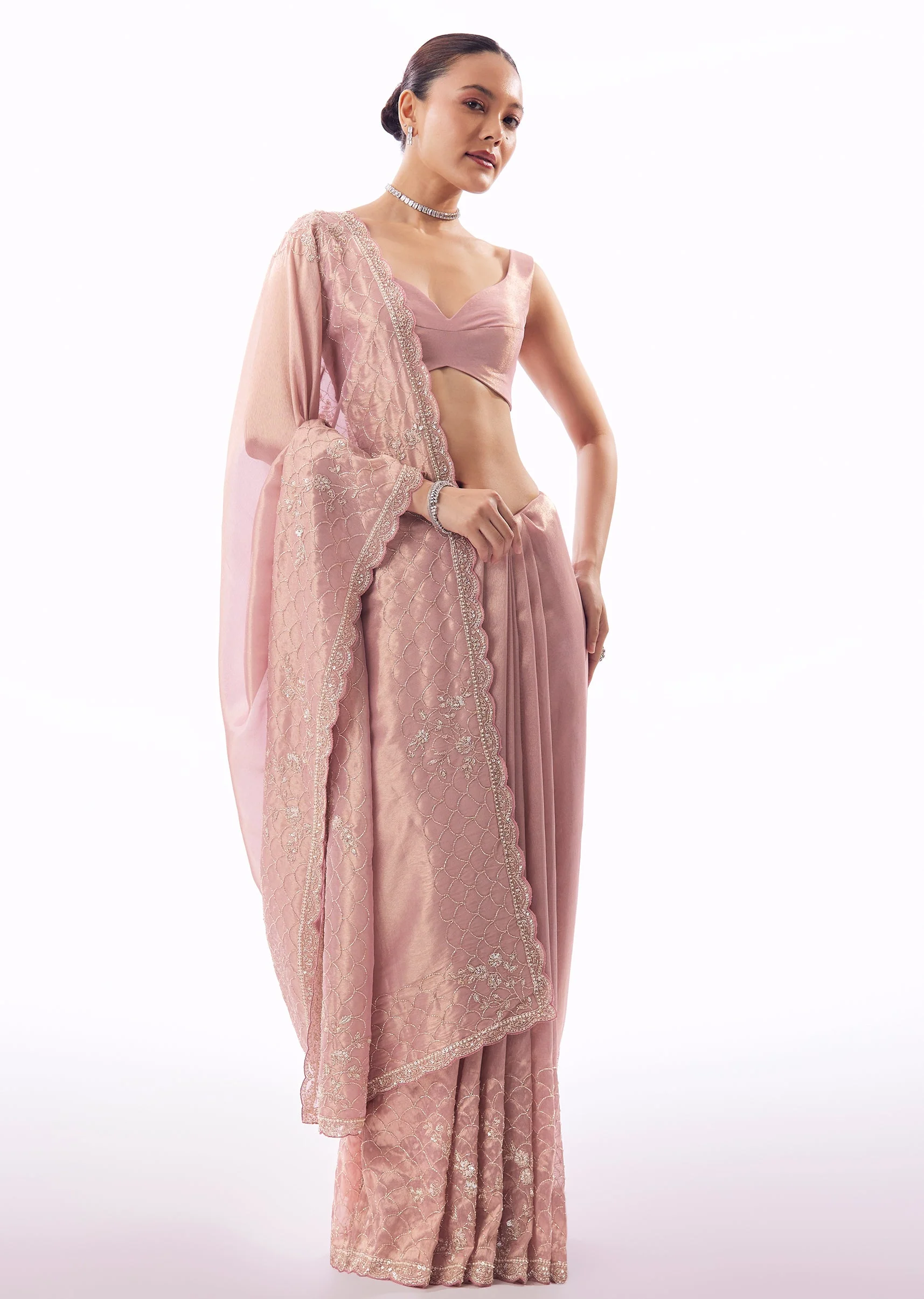 Pink Tissue Saree With Scallop Border And Floral Cutdana Embroidery - Image 3