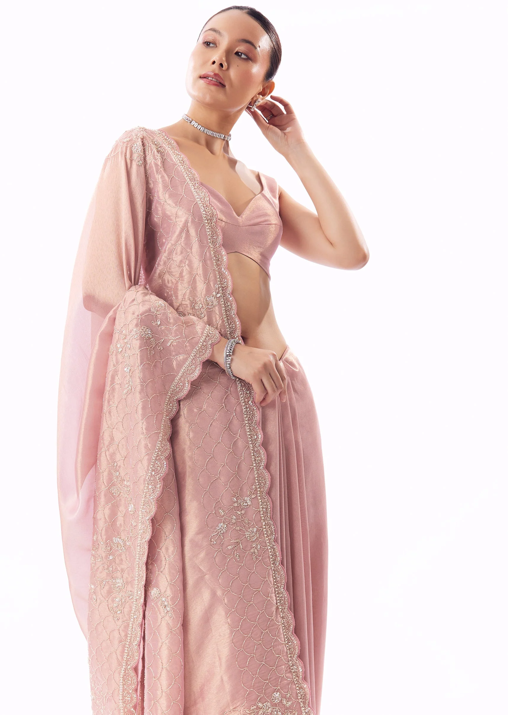 Pink Tissue Saree With Scallop Border And Floral Cutdana Embroidery - Image 5