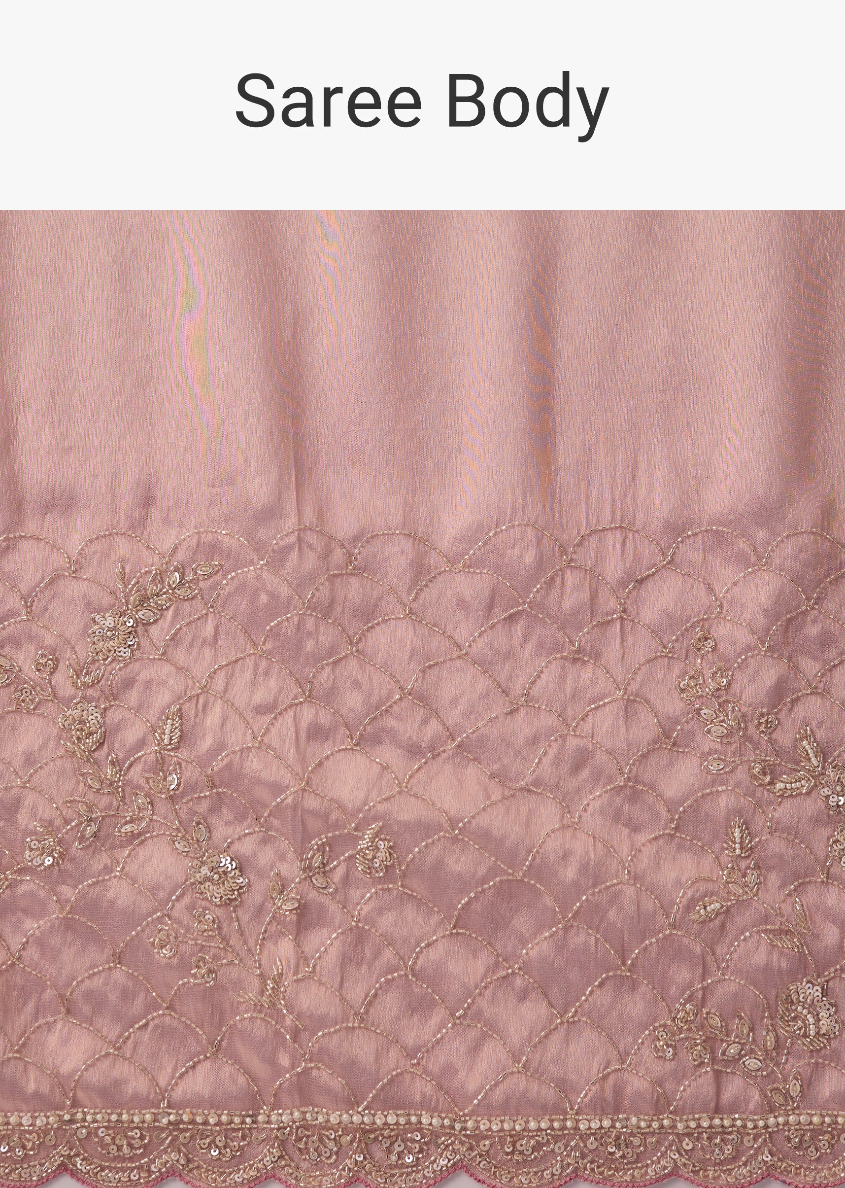 Pink Tissue Saree With Scallop Border And Floral Cutdana Embroidery - Image 9