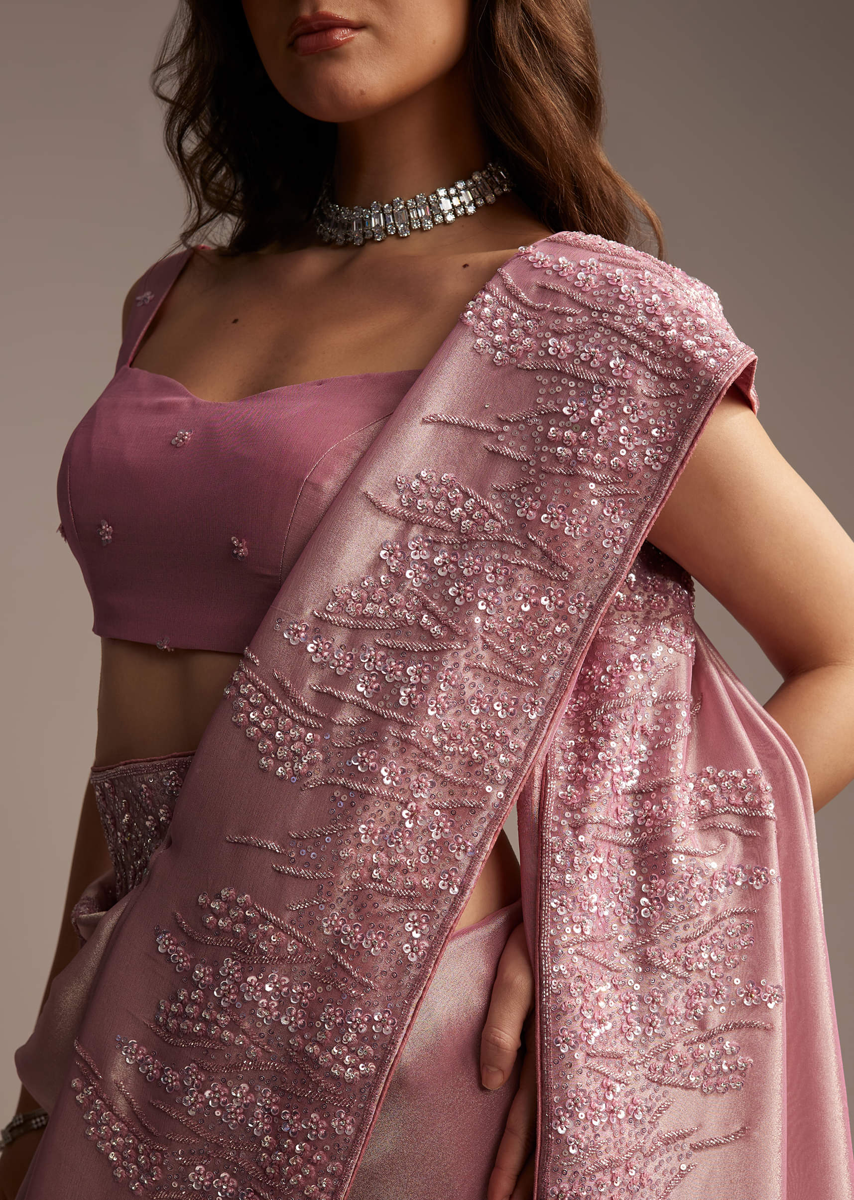 Pink Tissue Saree with Sequins and Cutdana Embroidery - Image 2