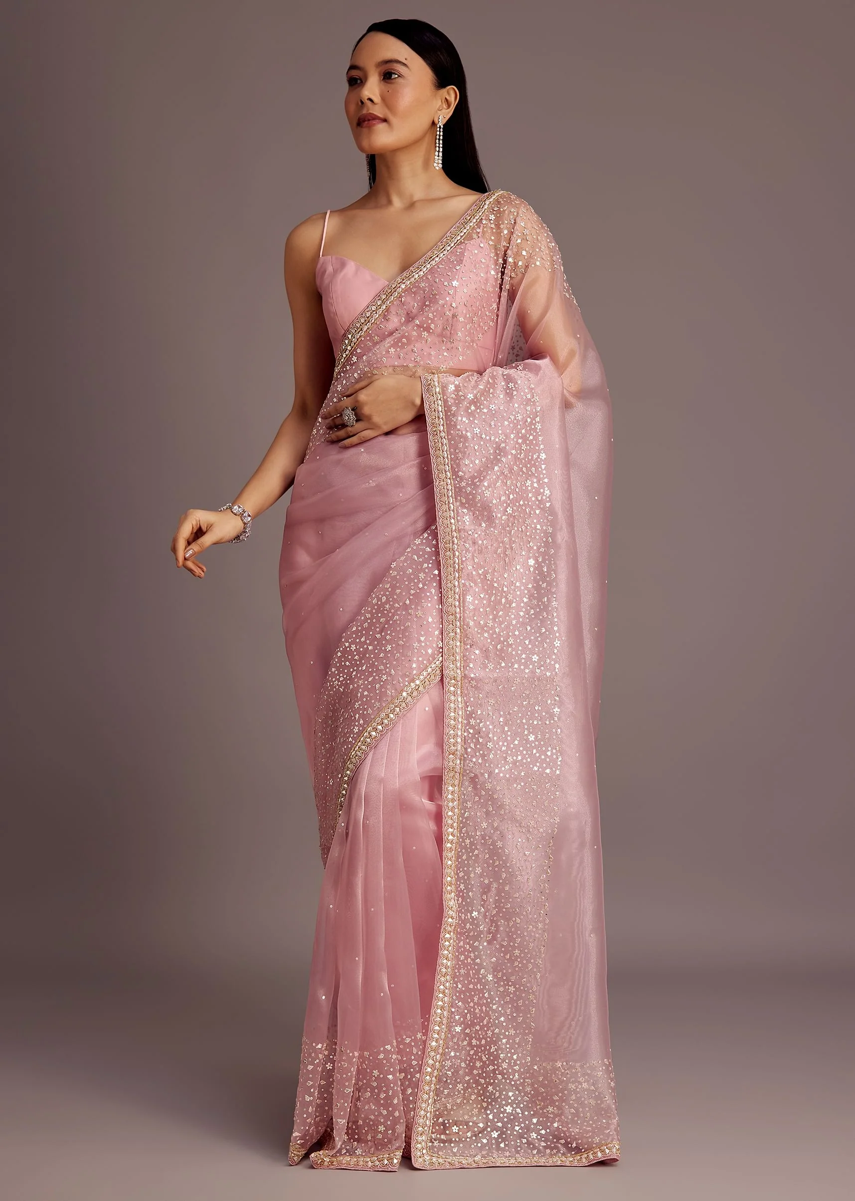 Pink Tissue Saree With Sequins Embellished Border - Image 2