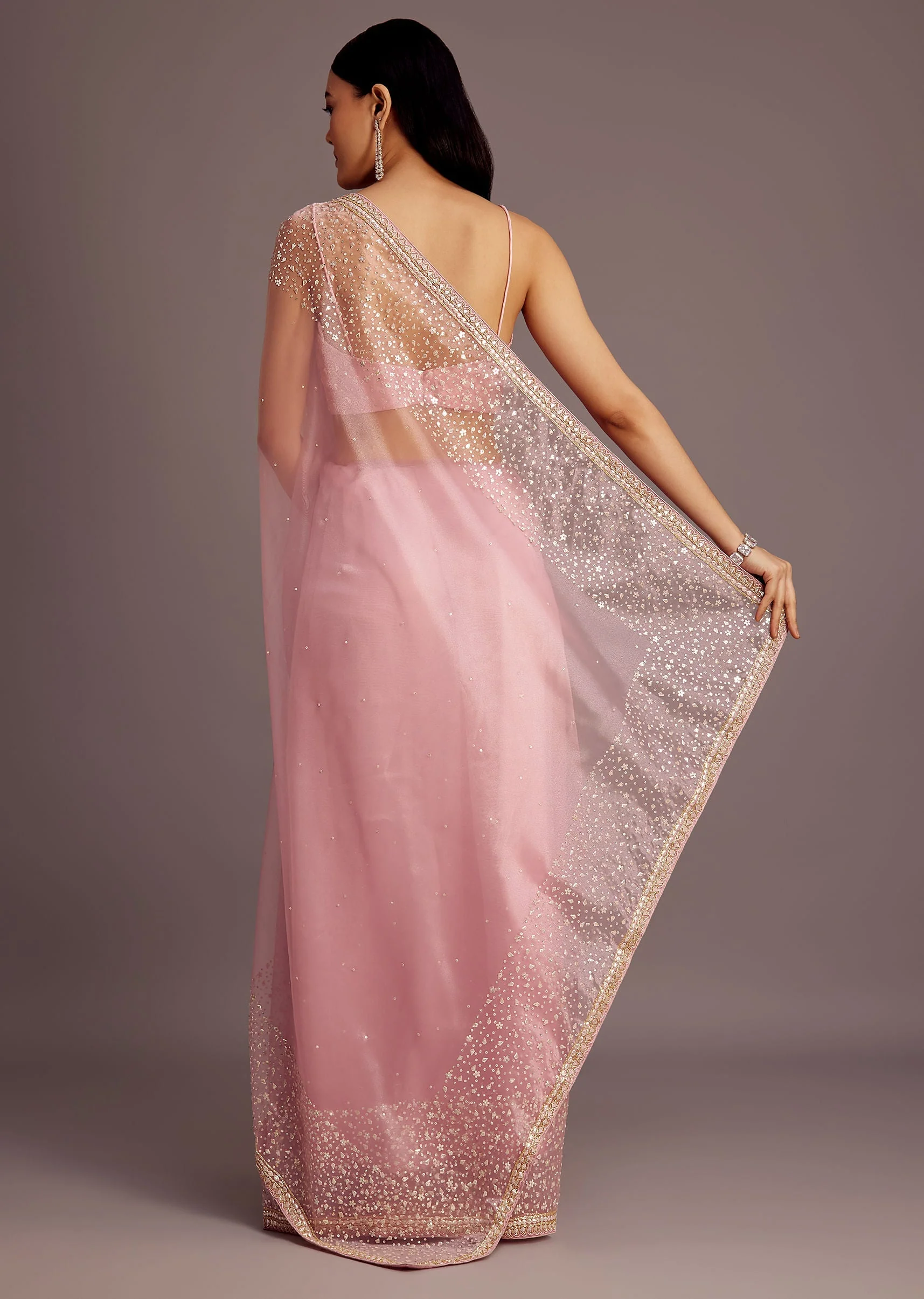 Pink Tissue Saree With Sequins Embellished Border - Image 4