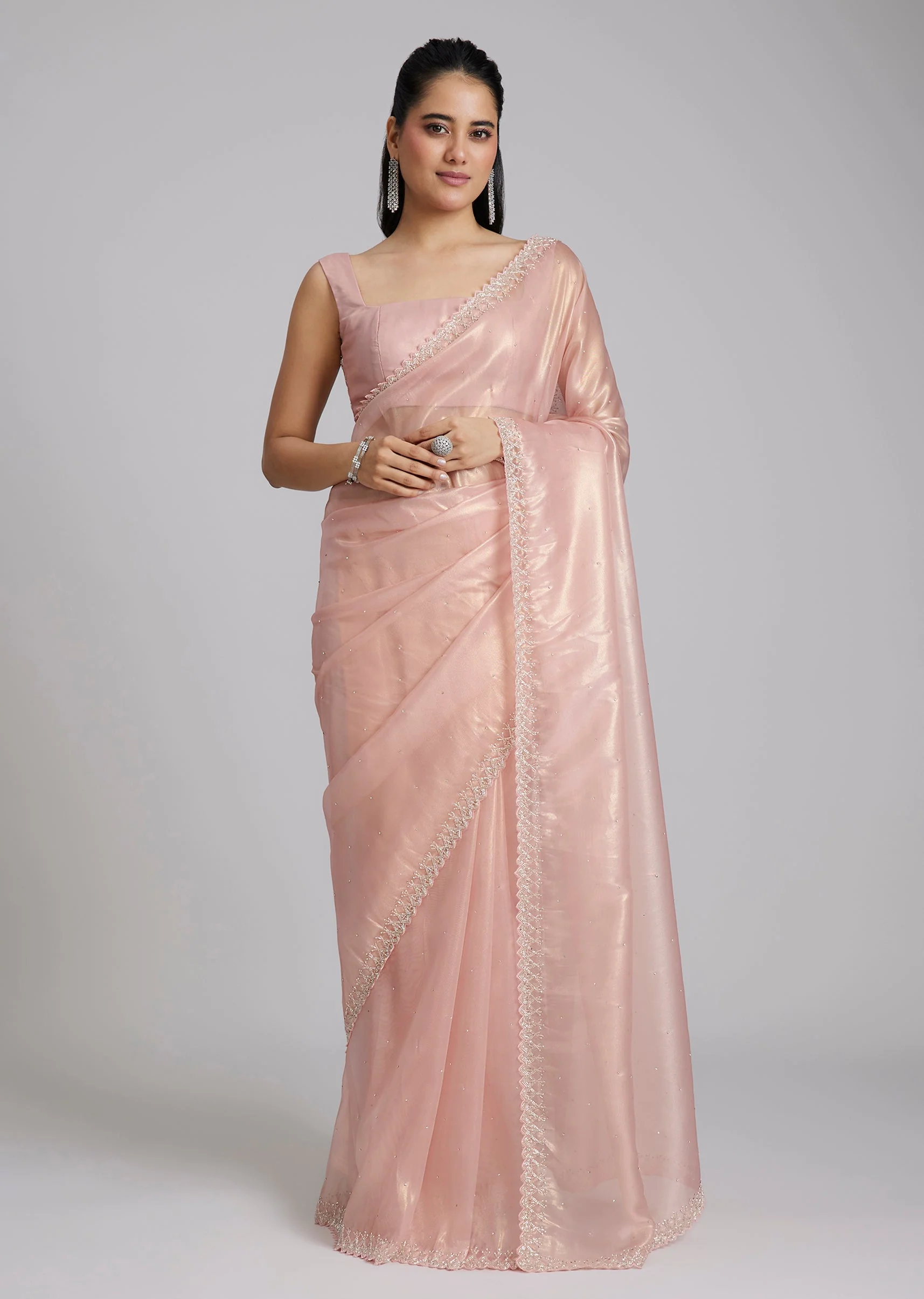 Pink Tissue Saree With Stones And Zigzag Border