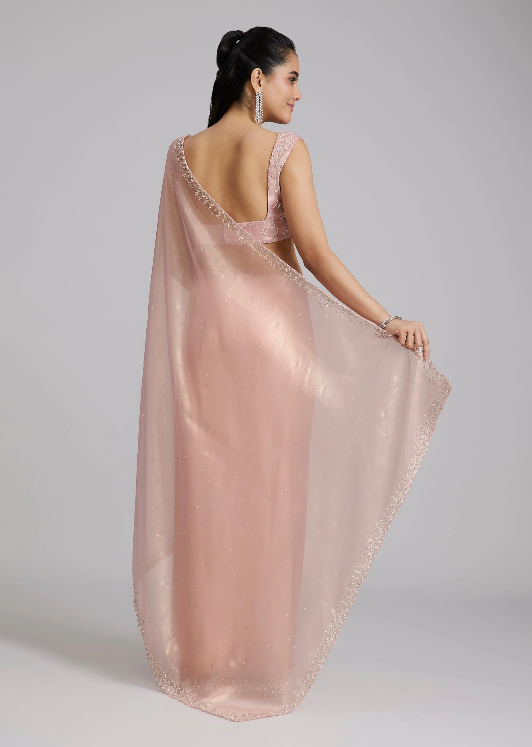 Pink Tissue Saree With Stones And Zigzag Border - Image 4