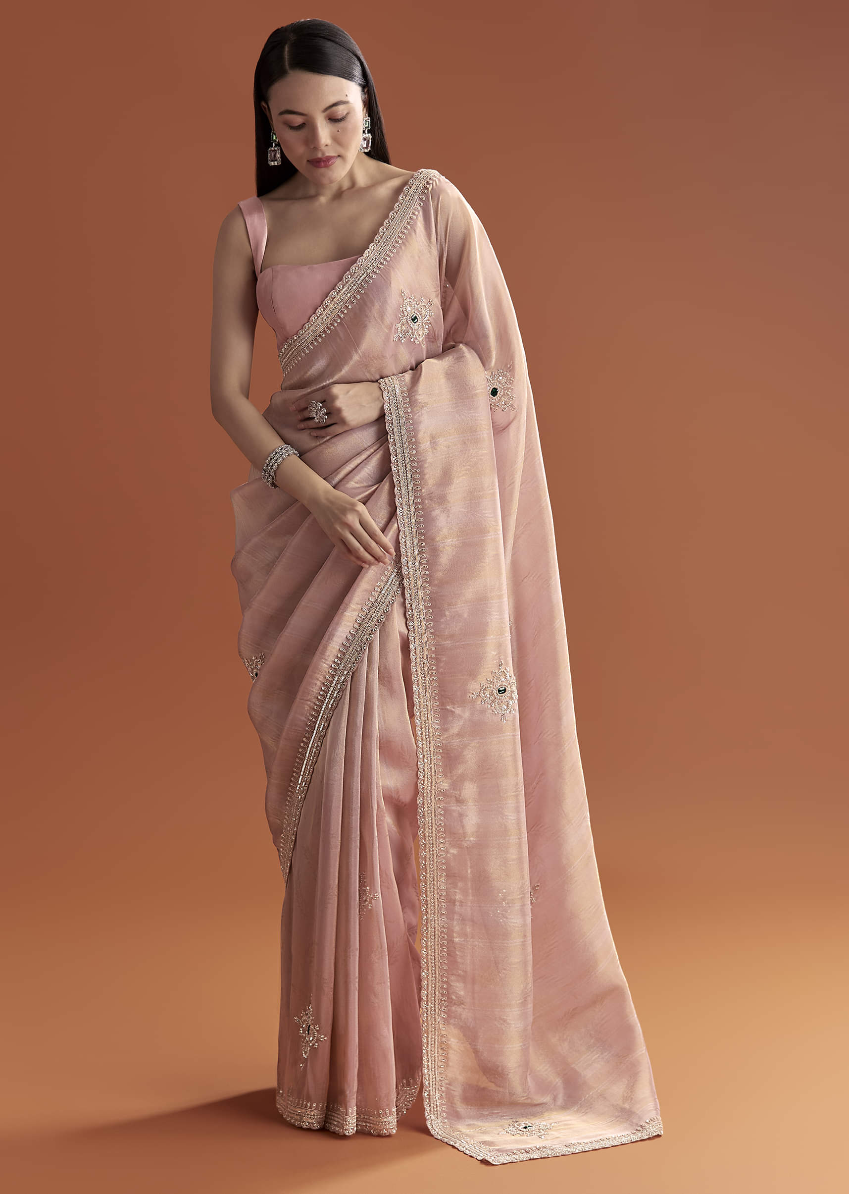 Pink Tissue Saree With Zardosi And Stone Embroidery - Image 3