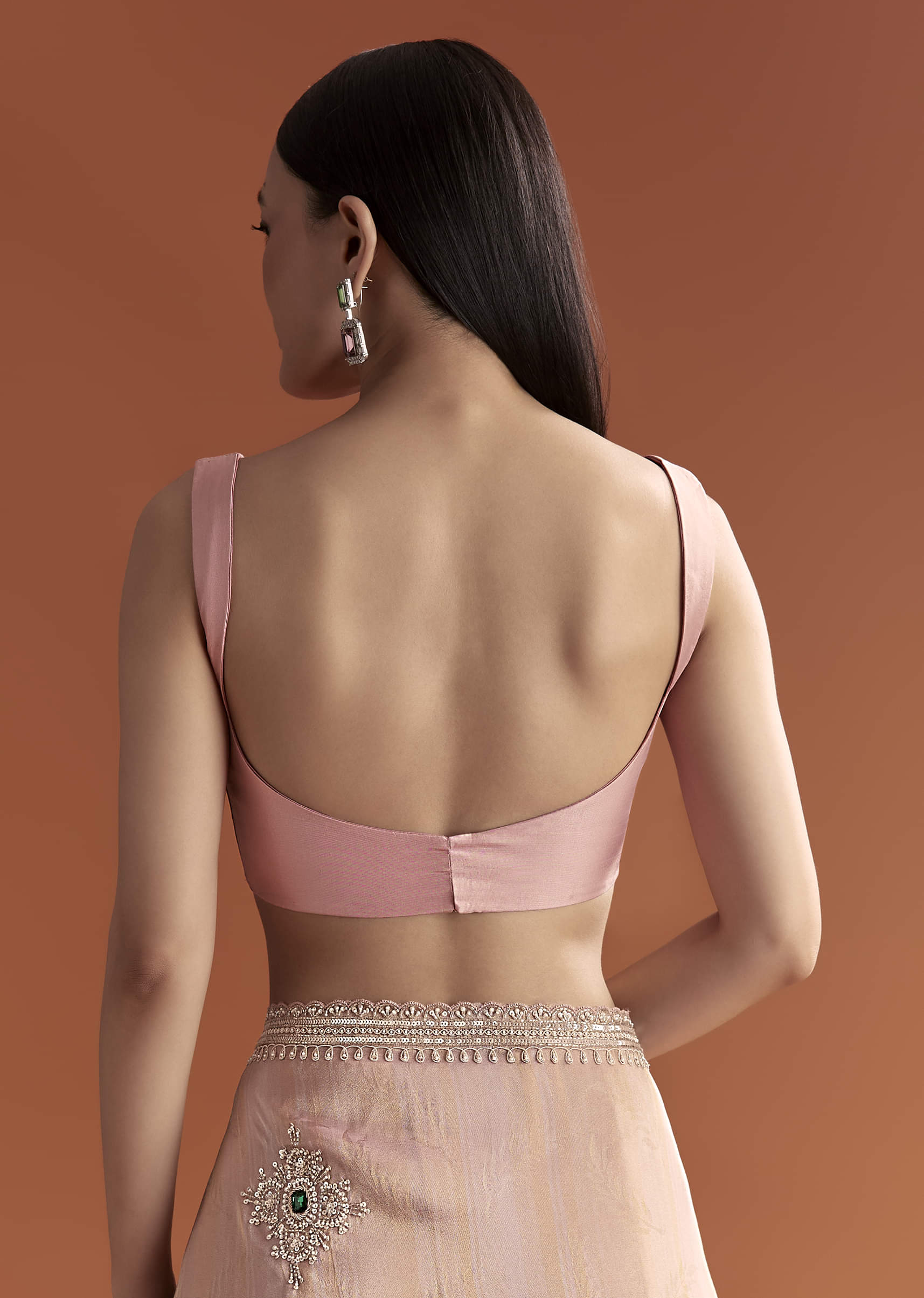 Pink Tissue Saree With Zardosi And Stone Embroidery - Image 7