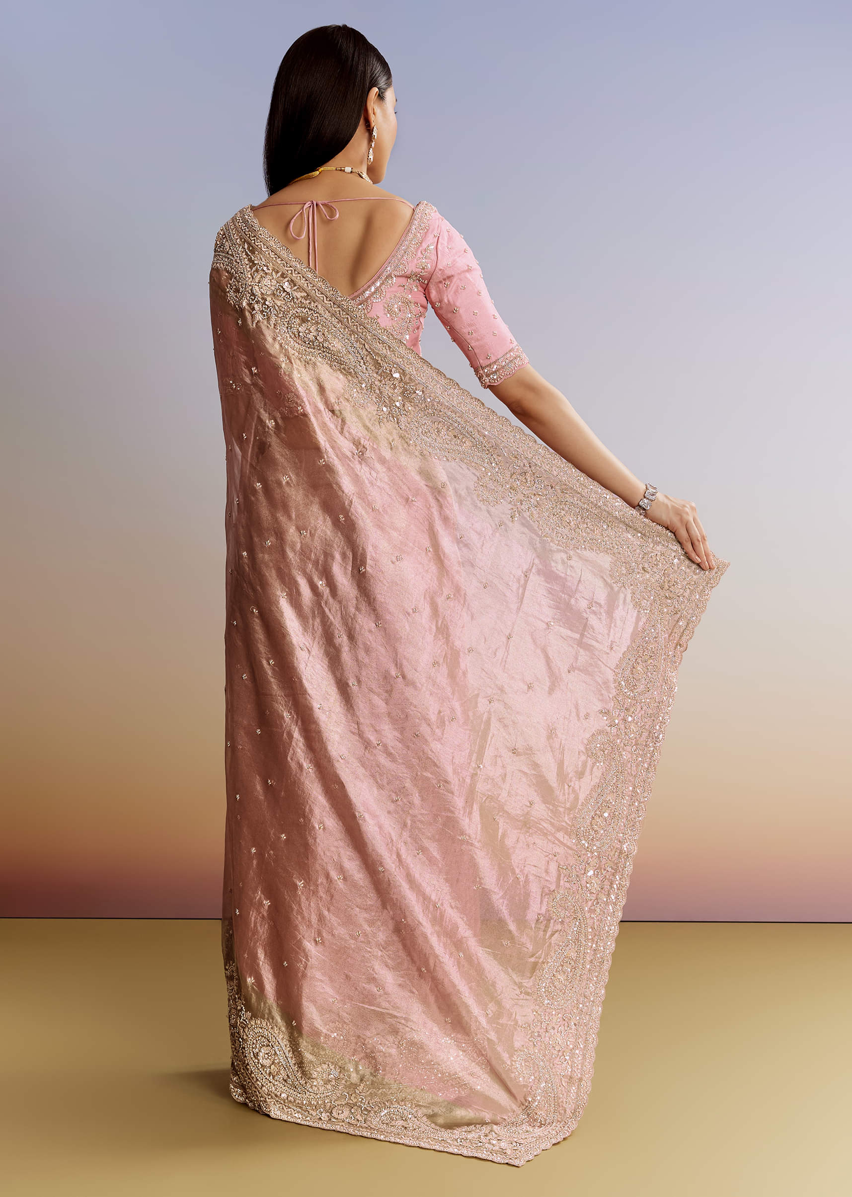 Pink Tissue Saree With Zardosi Moti And Cutdana Blouse - Image 4