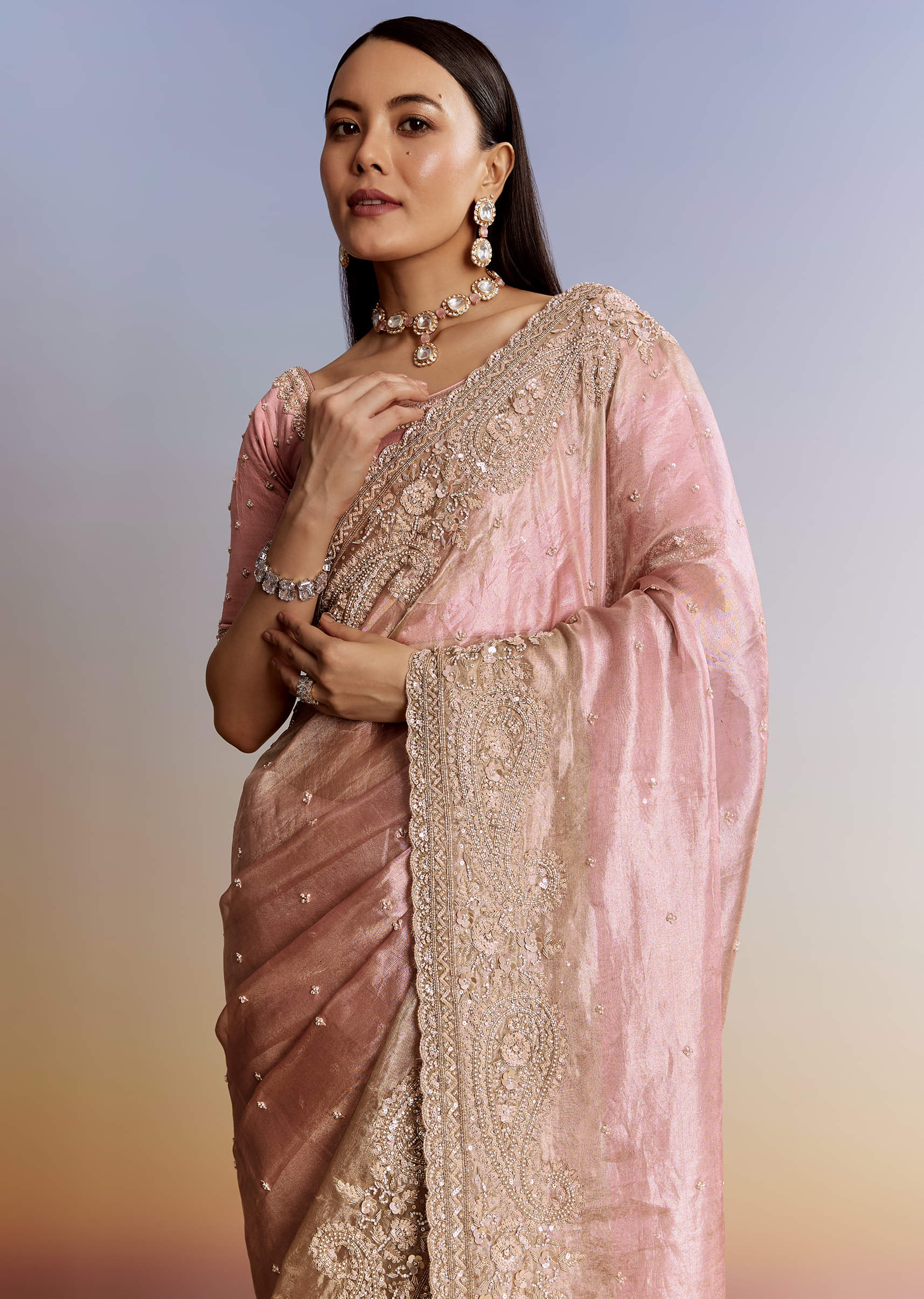 Pink Tissue Saree With Zardosi Moti And Cutdana Blouse - Image 5