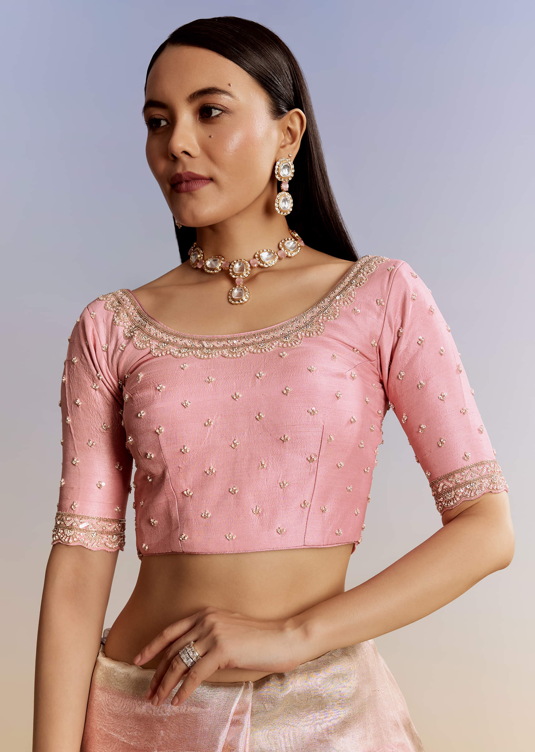 Pink Tissue Saree With Zardosi Moti And Cutdana Blouse - Image 7