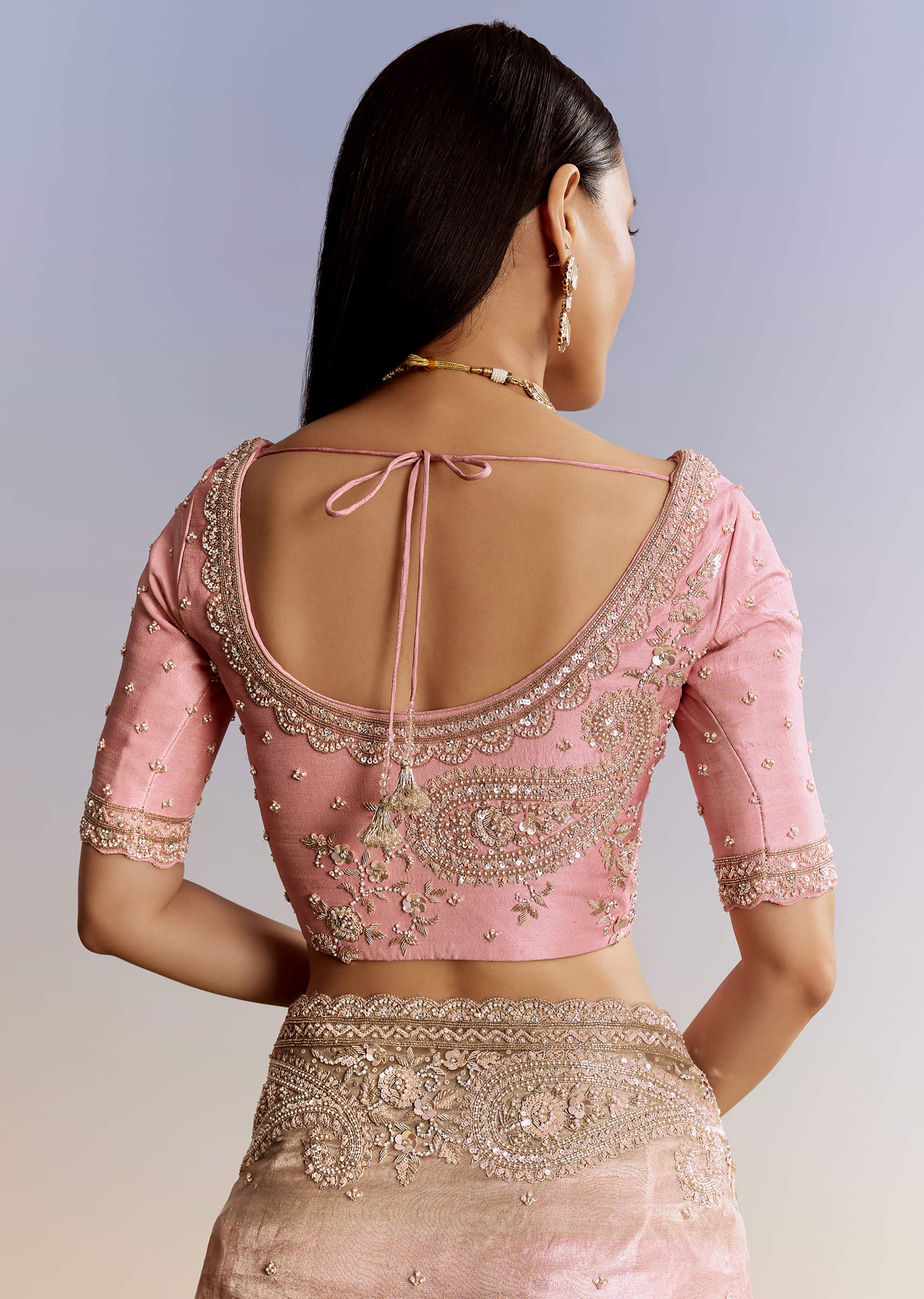 Pink Tissue Saree With Zardosi Moti And Cutdana Blouse - Image 8