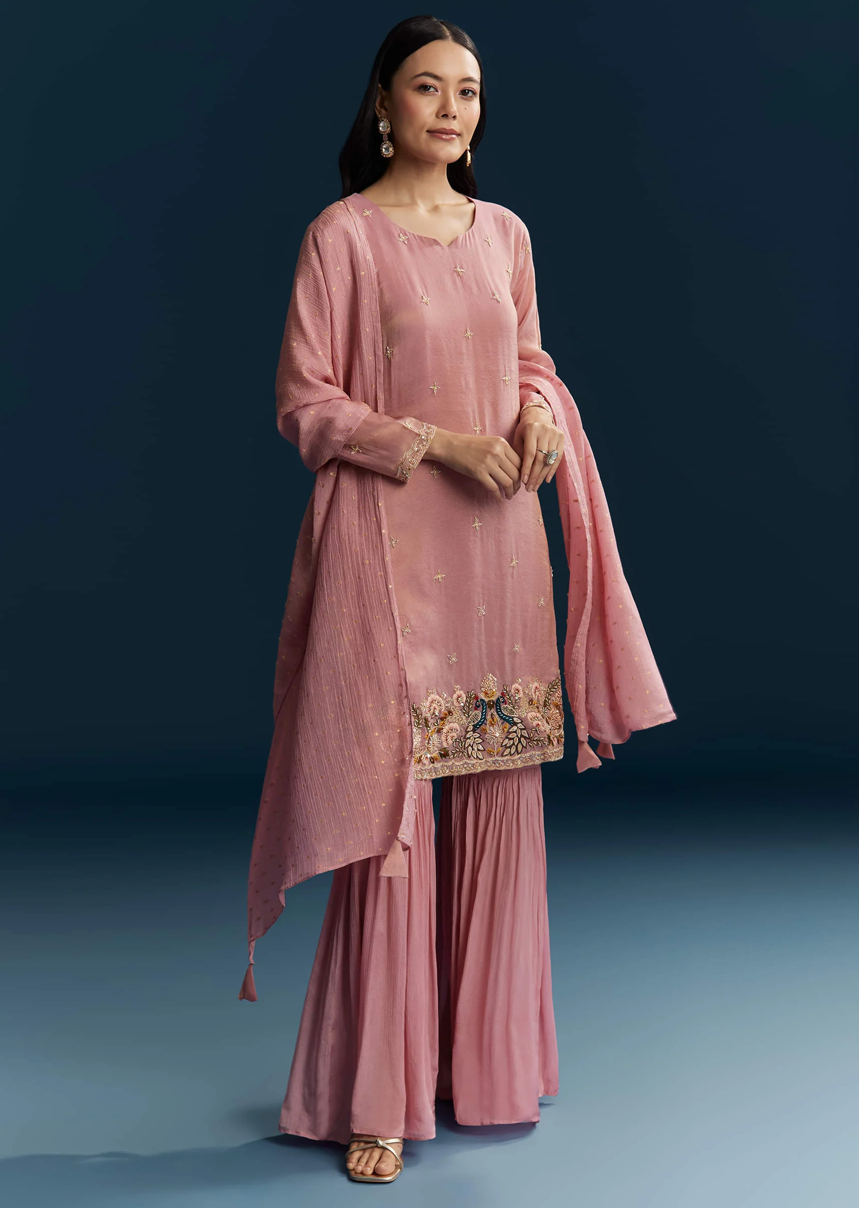 Pink Tissue Sharara Suit With Zardosi And Thread Work - Image 3