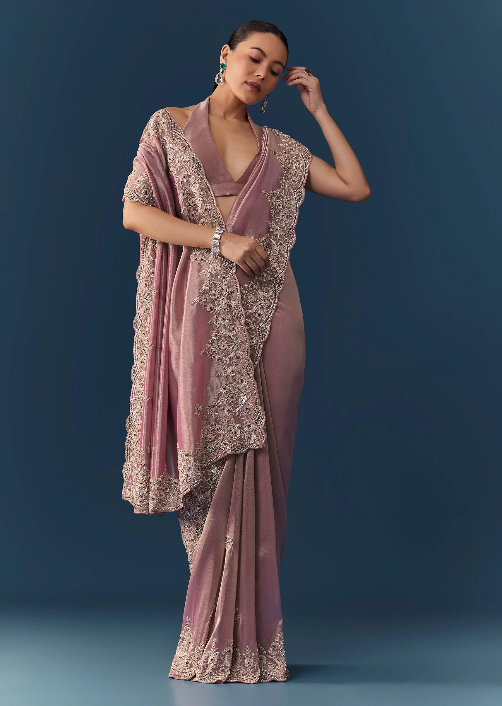 Pink Tissue Silk Embroidered Saree with Blouse Fabric - Image 3