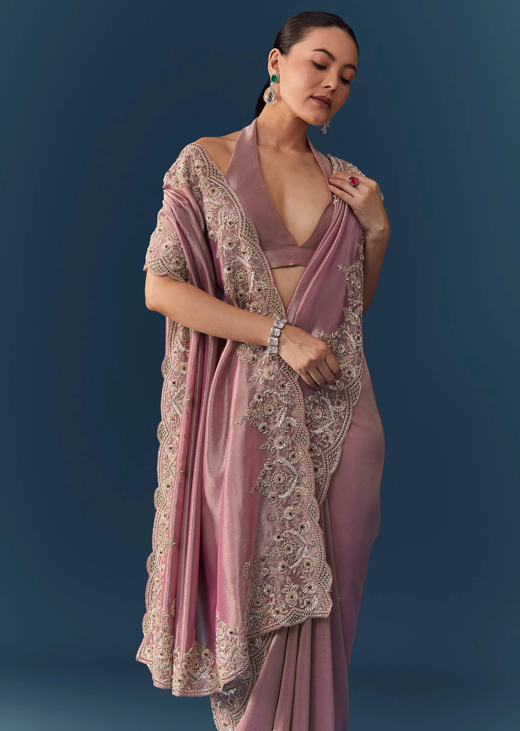 Pink Tissue Silk Embroidered Saree with Blouse Fabric - Image 5