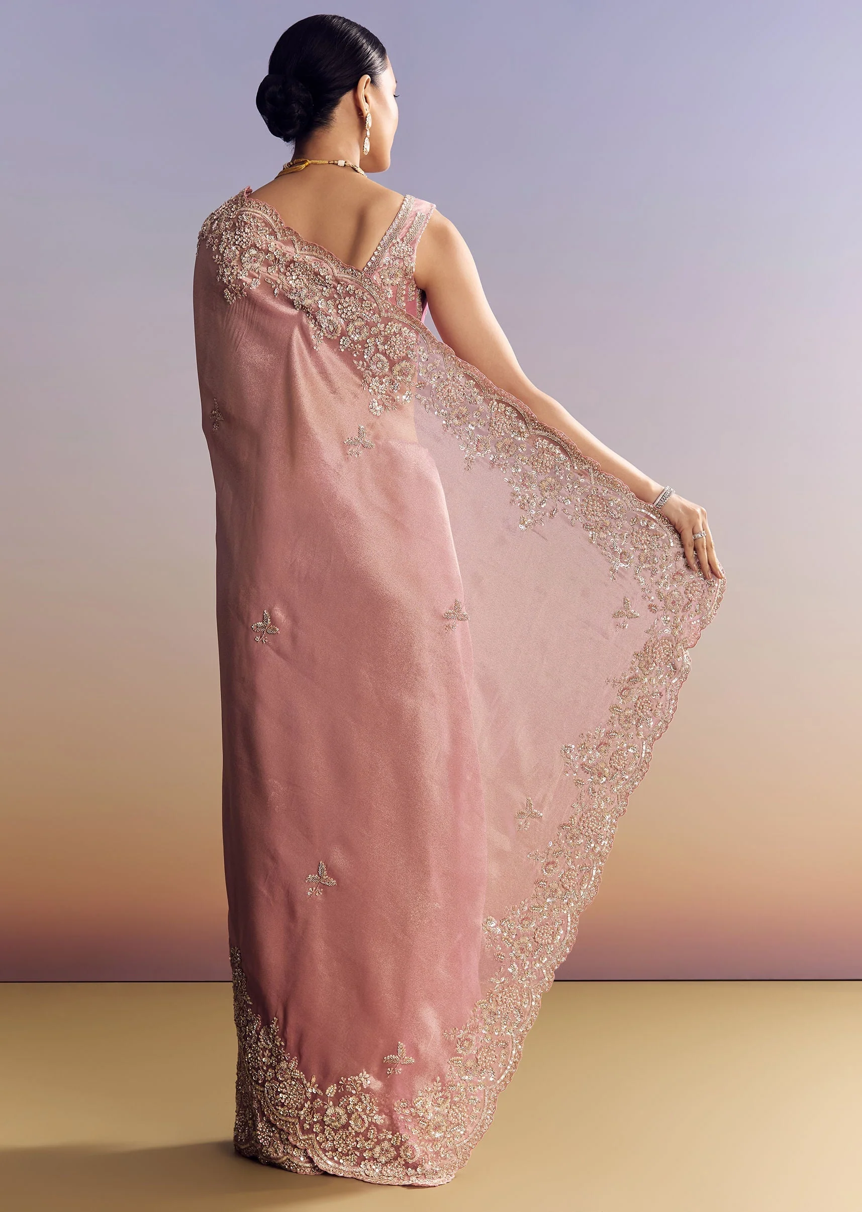 Pink Tissue Silk Saree With Scalloped Border - Image 4