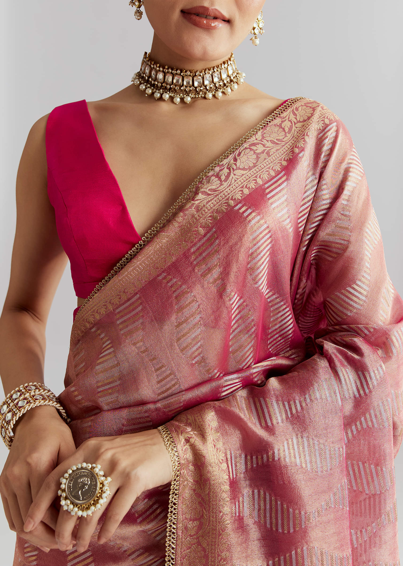 Pink Tissue Silk Woven Saree With Weavy Motif Embroidery - Image 2