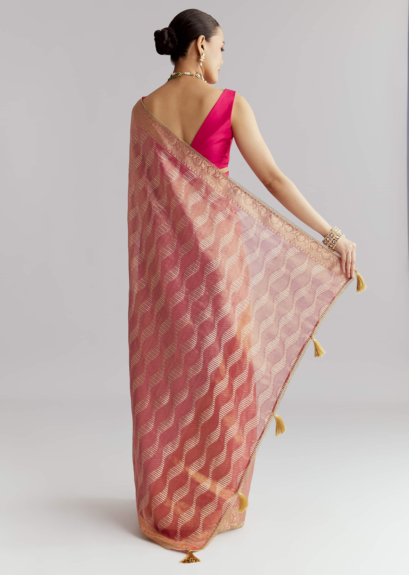 Pink Tissue Silk Woven Saree With Weavy Motif Embroidery - Image 4