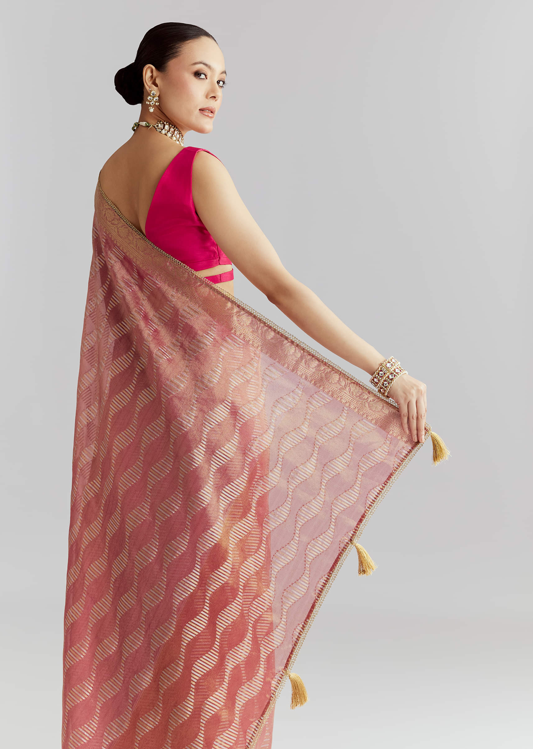 Pink Tissue Silk Woven Saree With Weavy Motif Embroidery - Image 6
