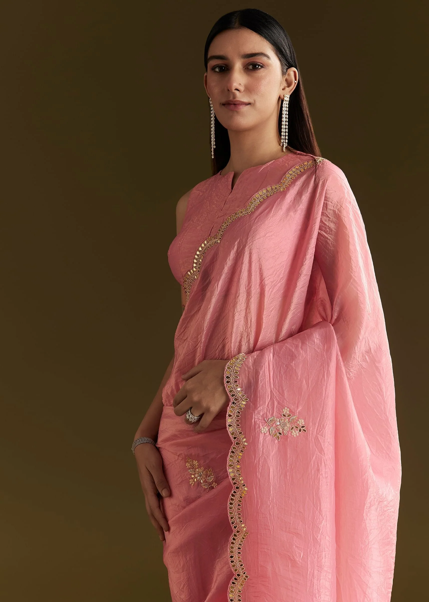 Pink Tissue Zardozi Saree With Scallop Border - Image 2