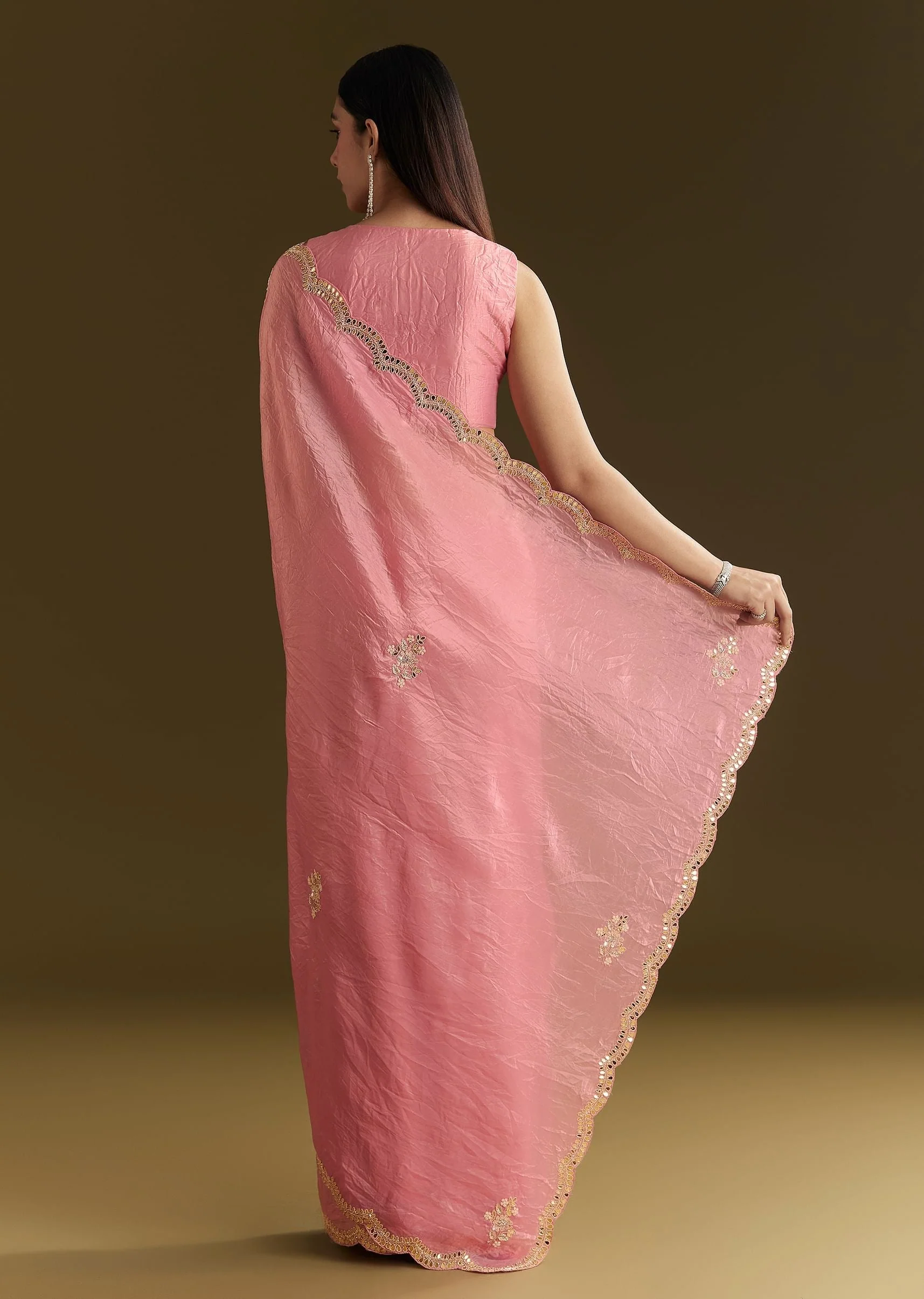 Pink Tissue Zardozi Saree With Scallop Border - Image 4