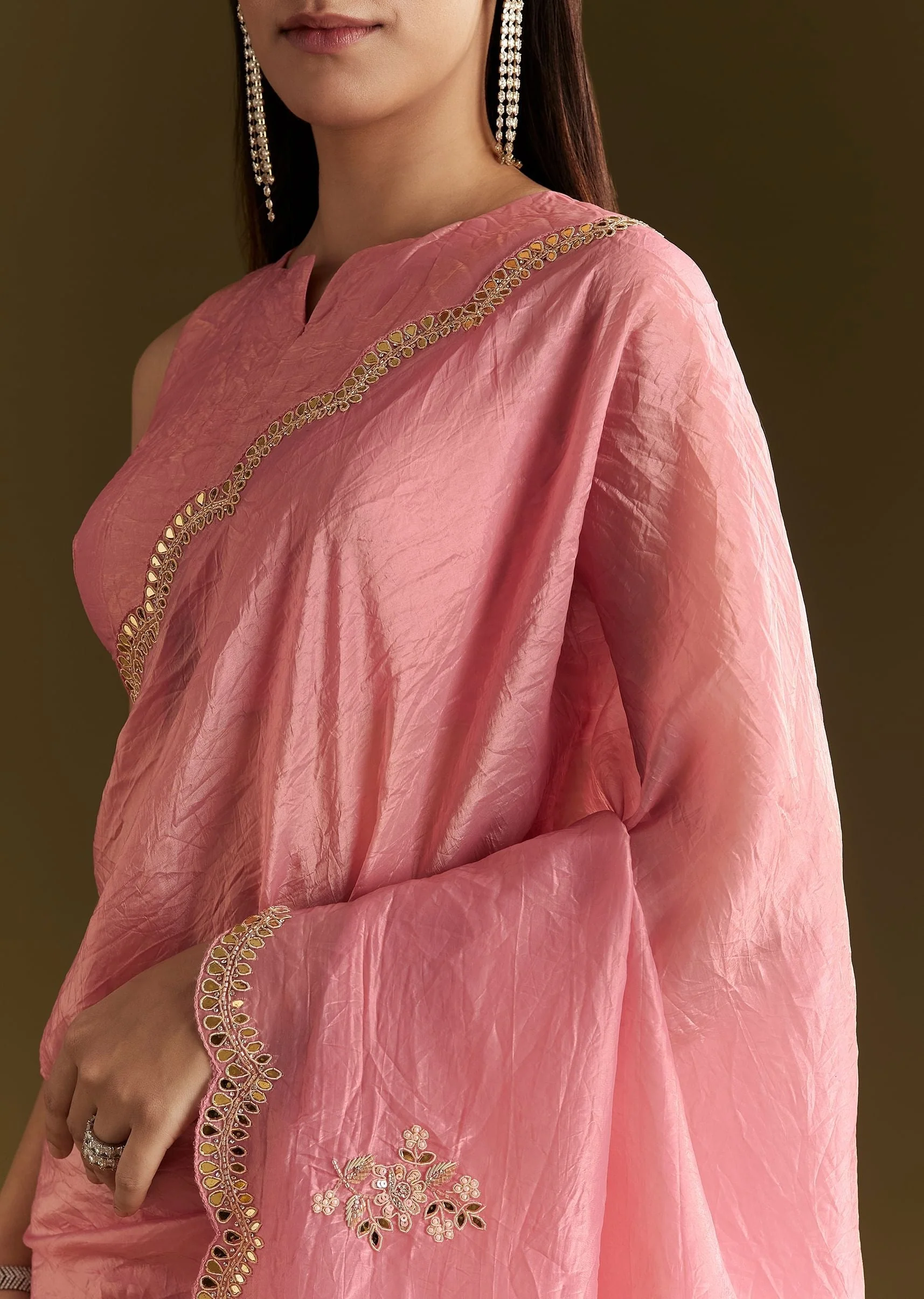 Pink Tissue Zardozi Saree With Scallop Border - Image 5