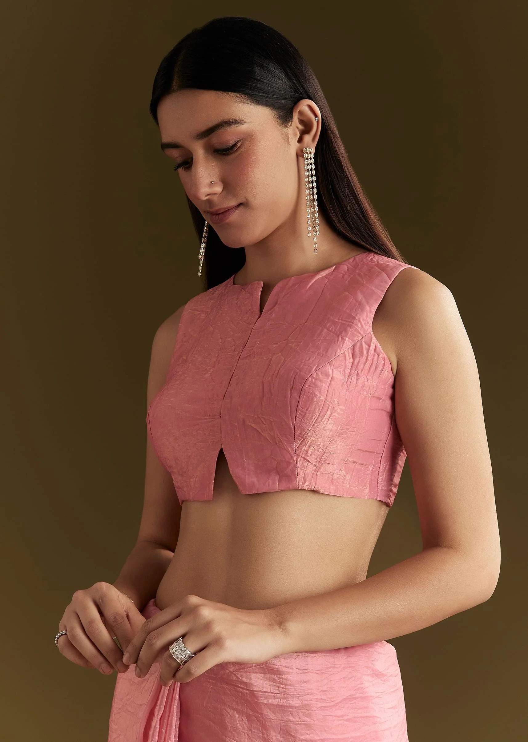 Pink Tissue Zardozi Saree With Scallop Border - Image 7
