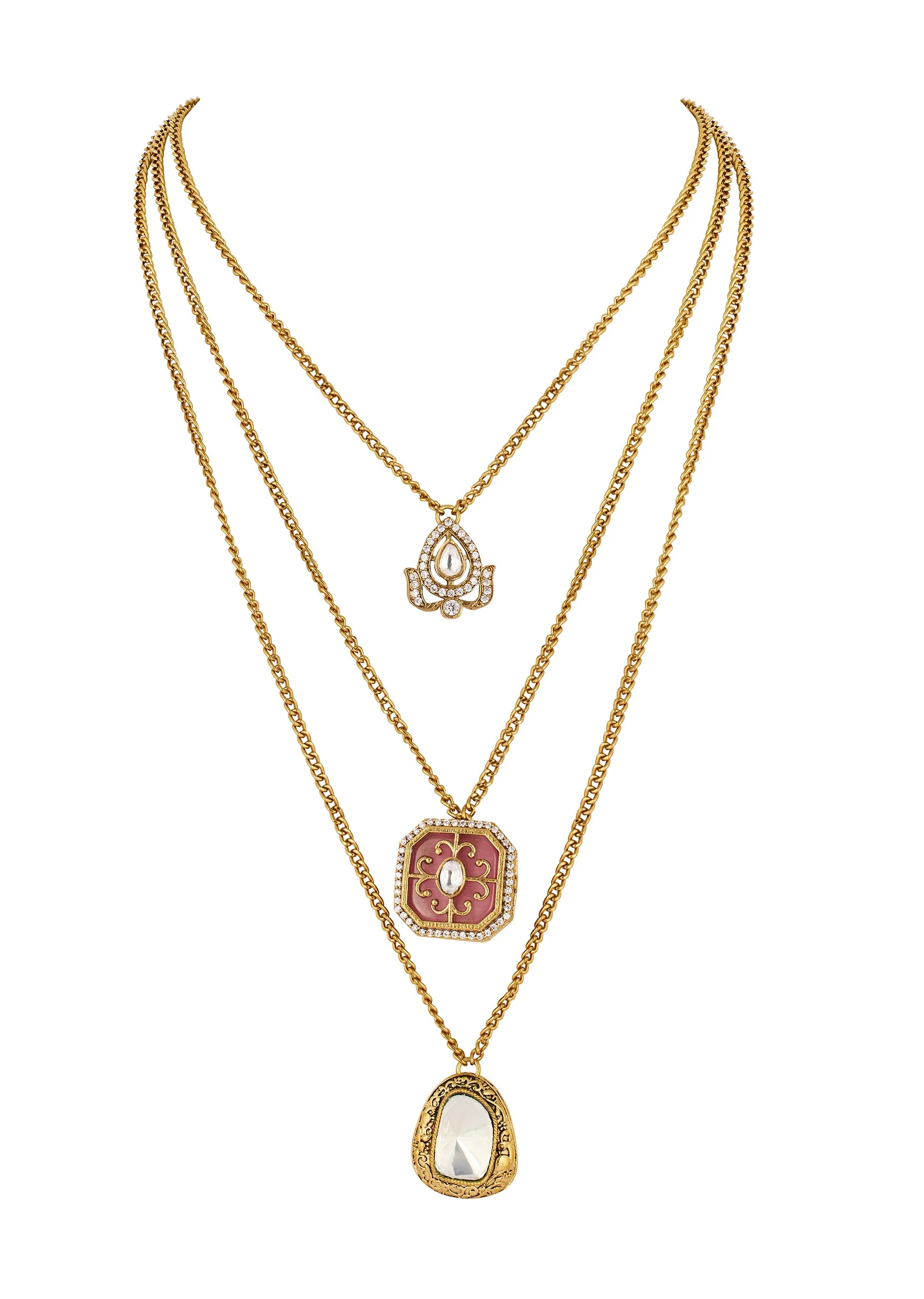 Pink Traditional Kundan Polki Layered Necklace with Stones