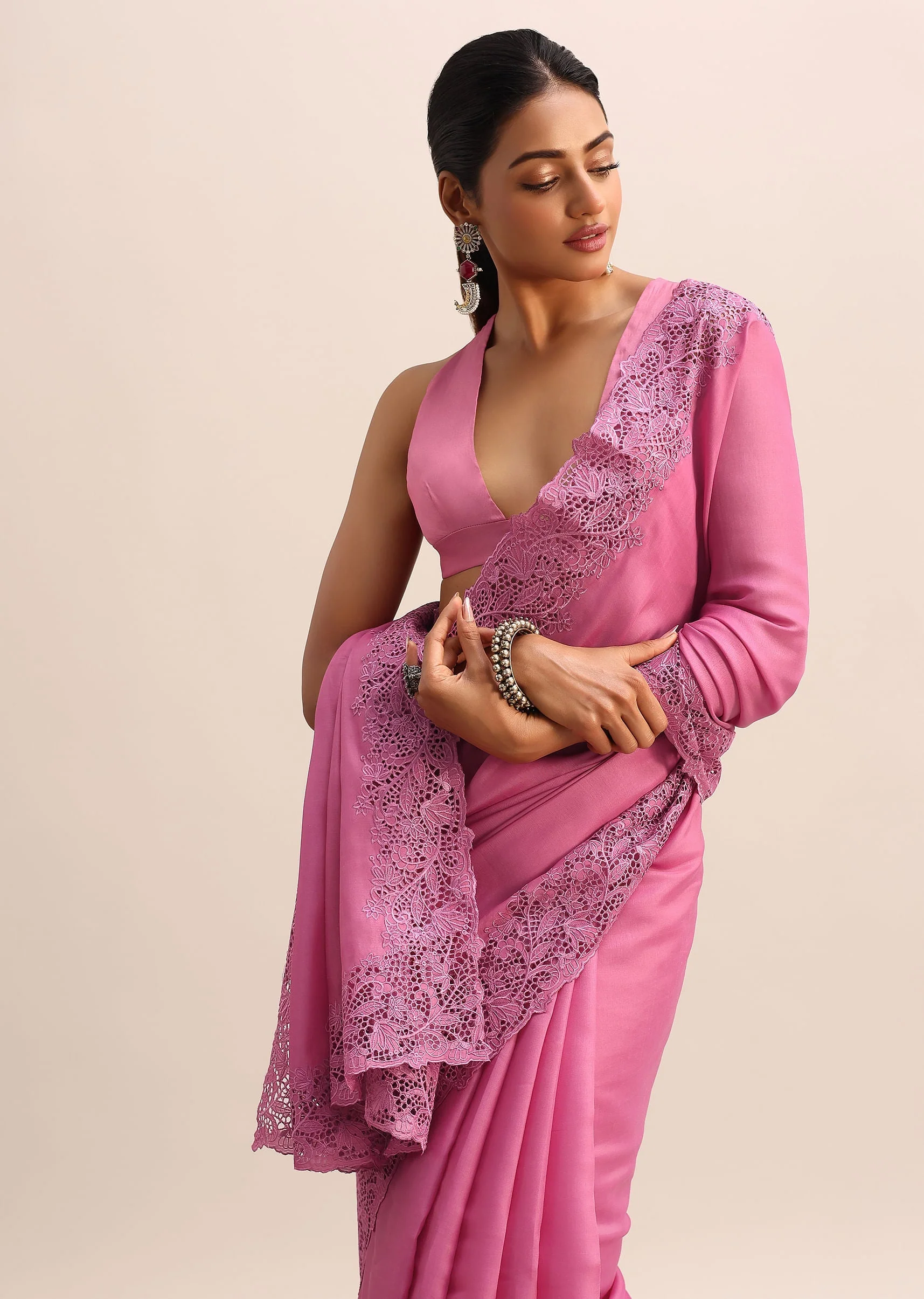 Pink Tussar Silk Saree With Thread And Cutwork On Border Pallu With Unstitched Blouse - Image 2