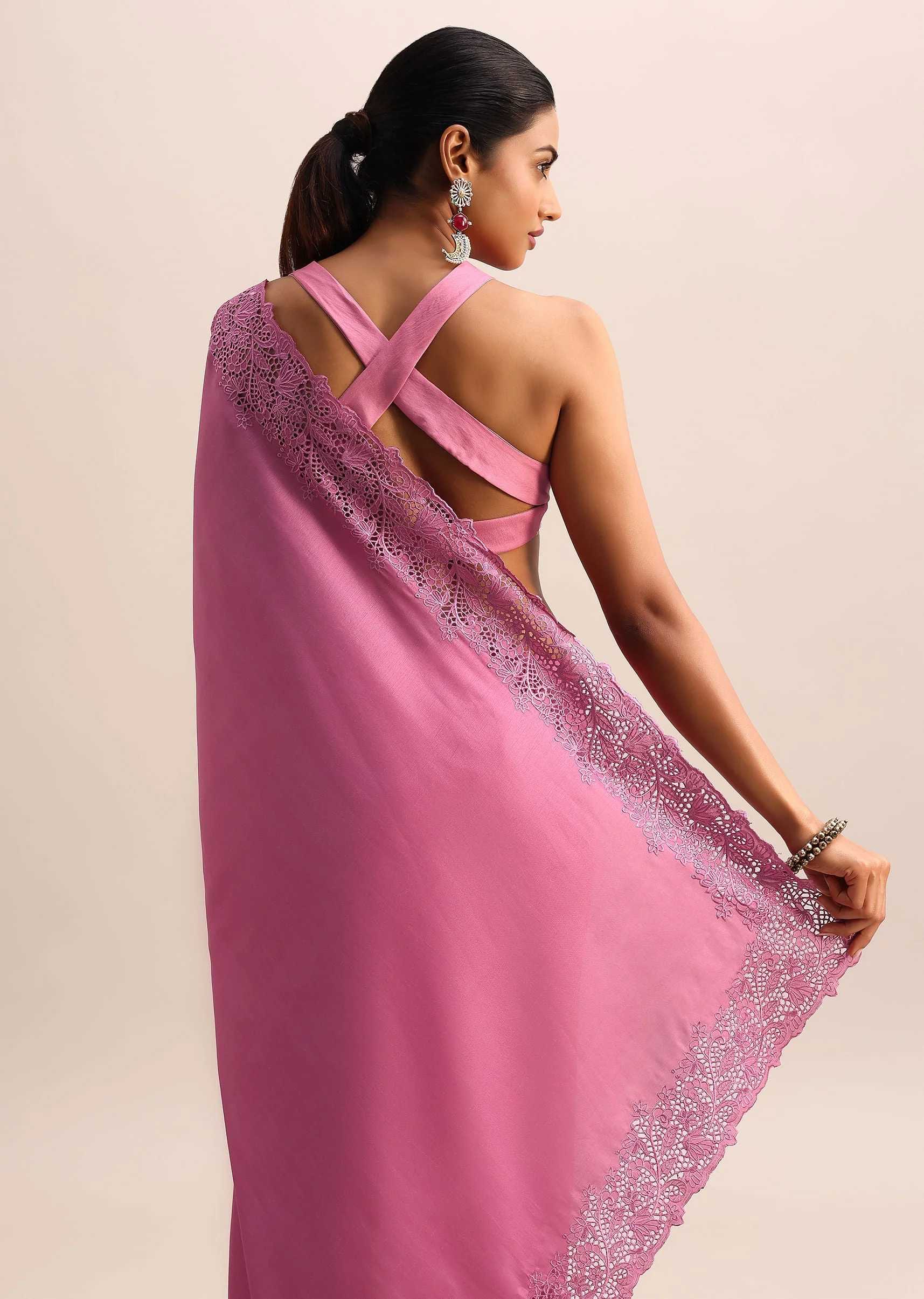 Pink Tussar Silk Saree With Thread And Cutwork On Border Pallu With Unstitched Blouse - Image 6
