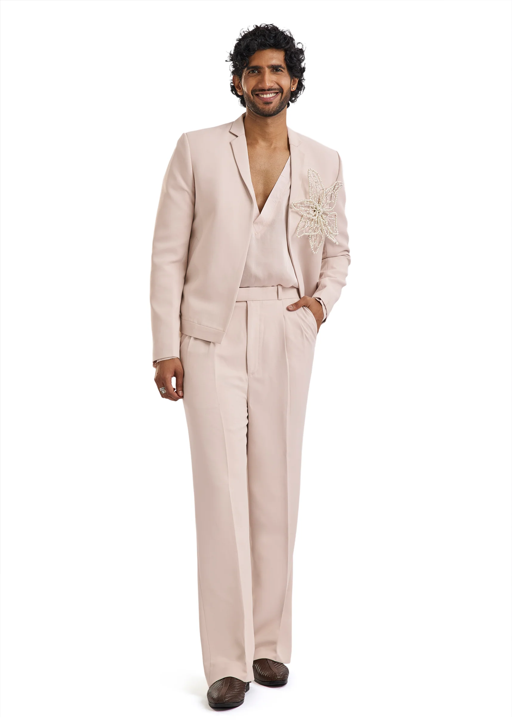 Pink Tuxedo Set With Pearl Floral Embroidery - Image 3