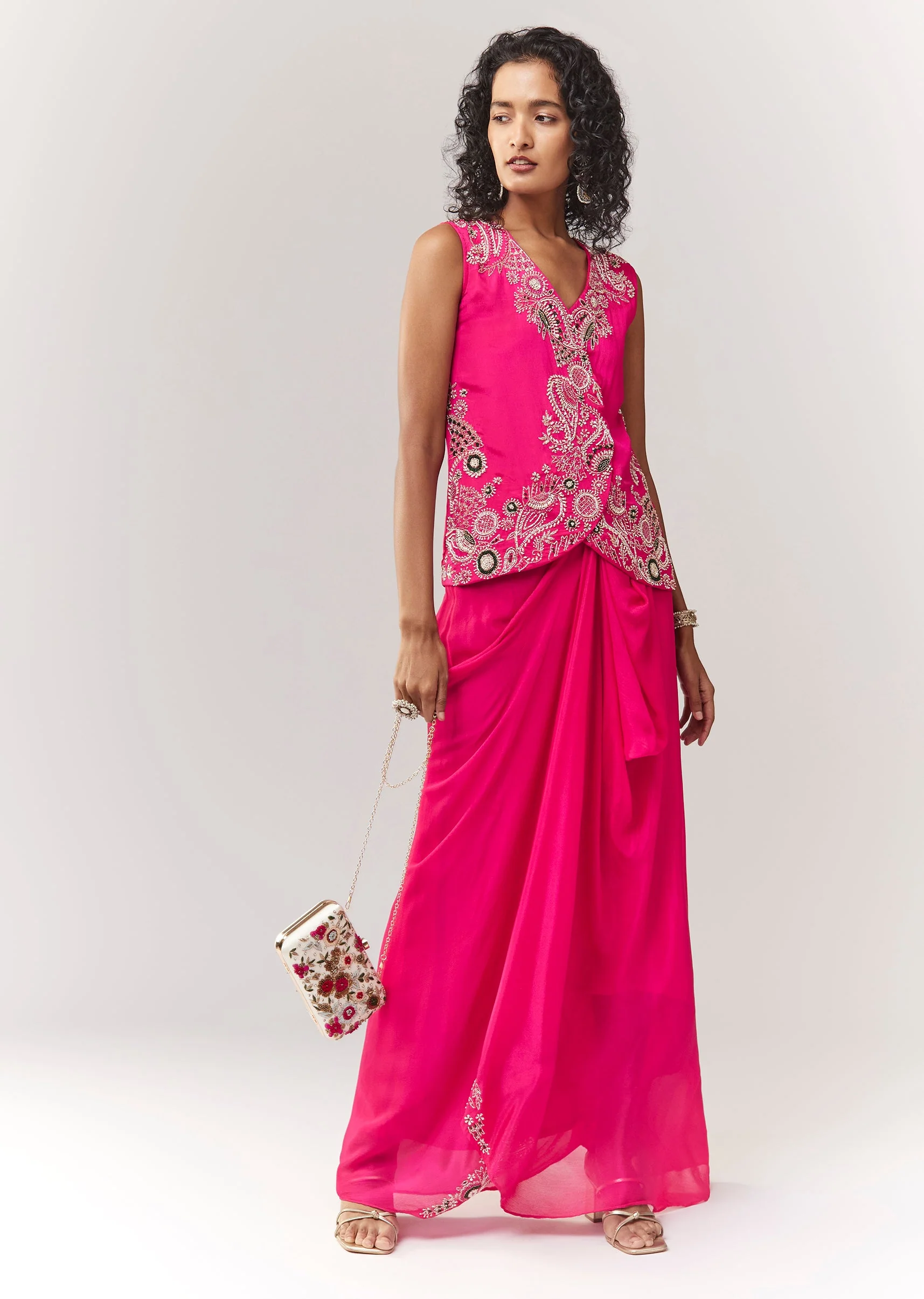 Pink Vest Style Croptop With Cutdana And Drape Skirt Set - Image 3