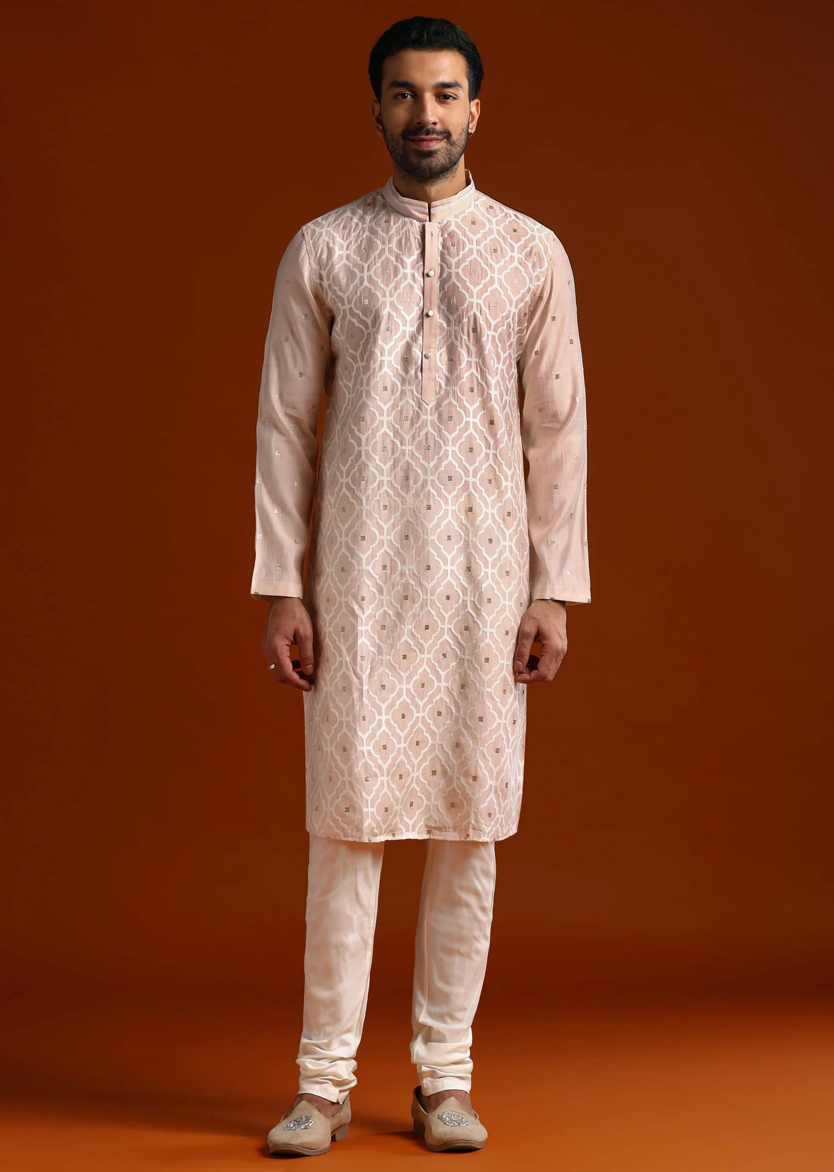 Pink Viscose Kurta Set For Men With Thread Work