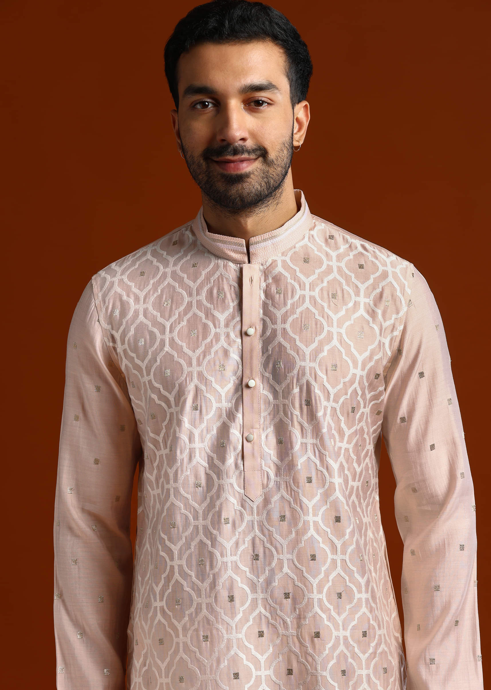 Pink Viscose Kurta Set For Men With Thread Work - Image 2