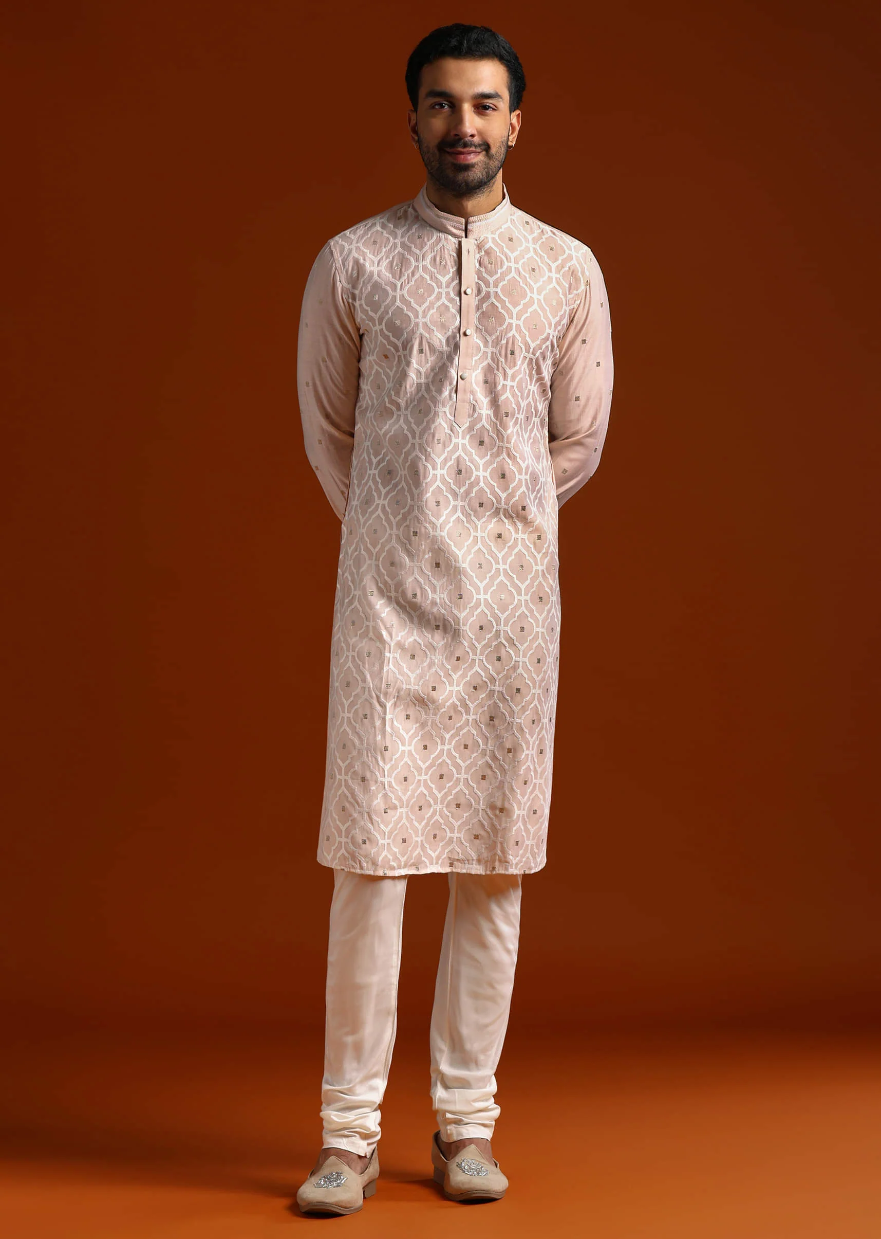 Pink Viscose Kurta Set For Men With Thread Work - Image 3