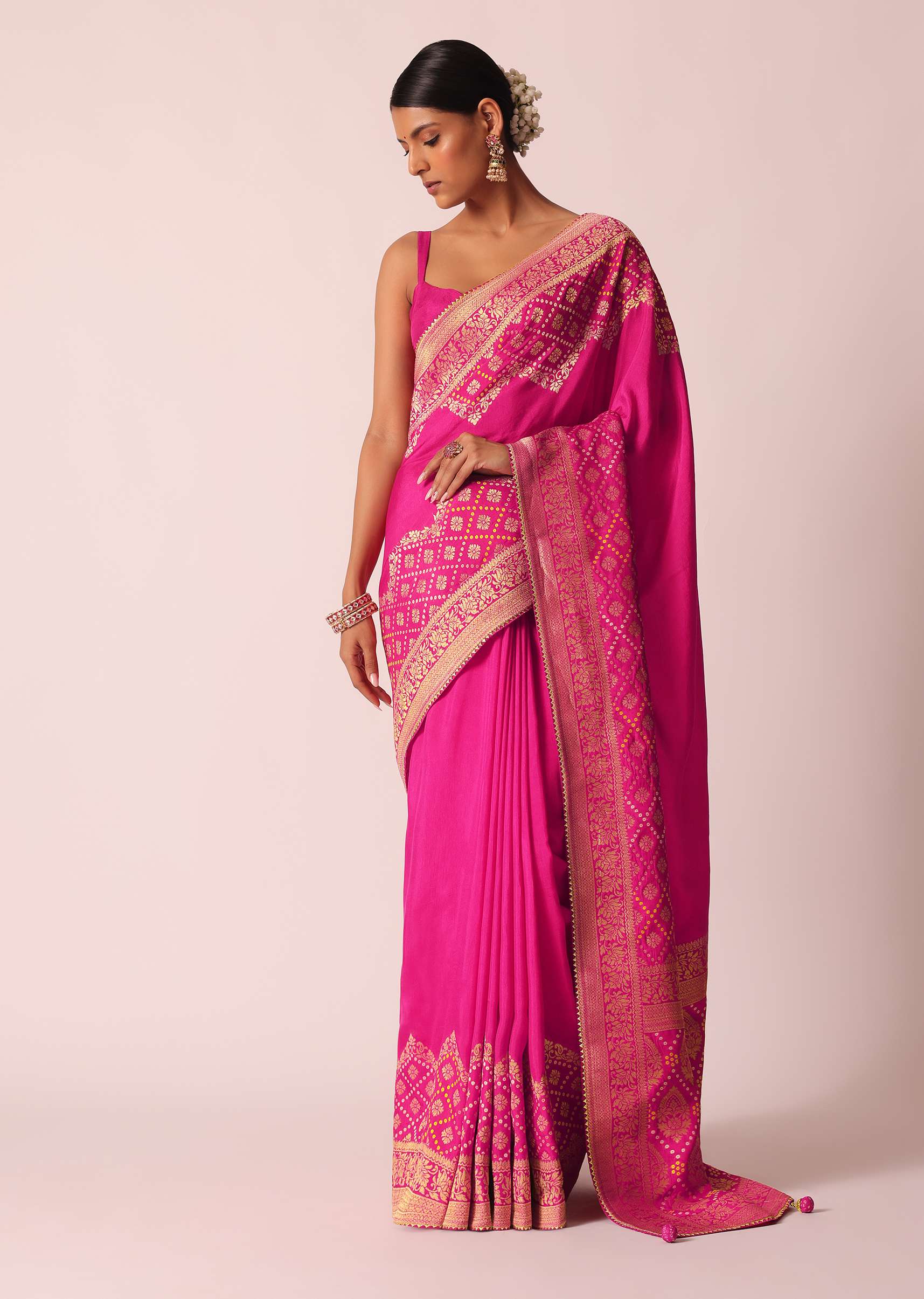Pink Woven Saree In Silk With Bandhani Motifs And Unstitched Blouse Piece - Image 3