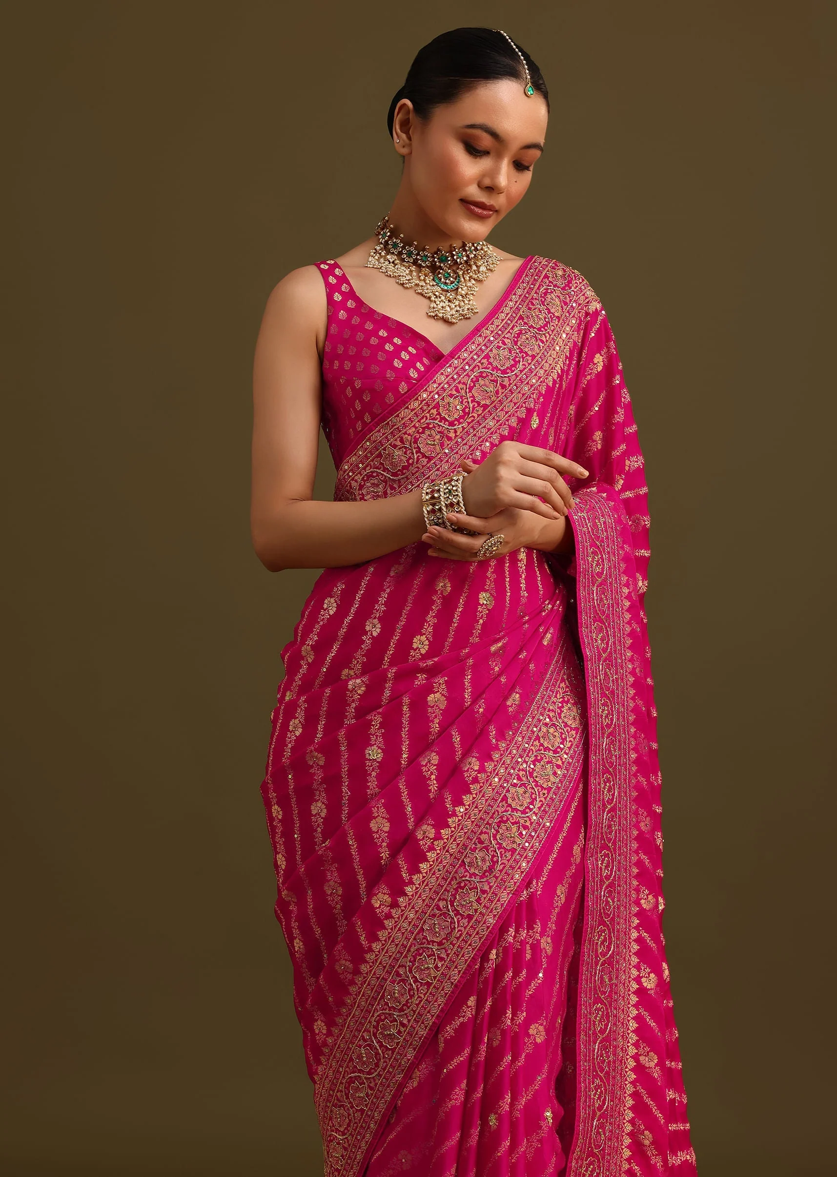 Pink Zardosi Embroidered Saree With Cutdana And Stone Work - Image 2