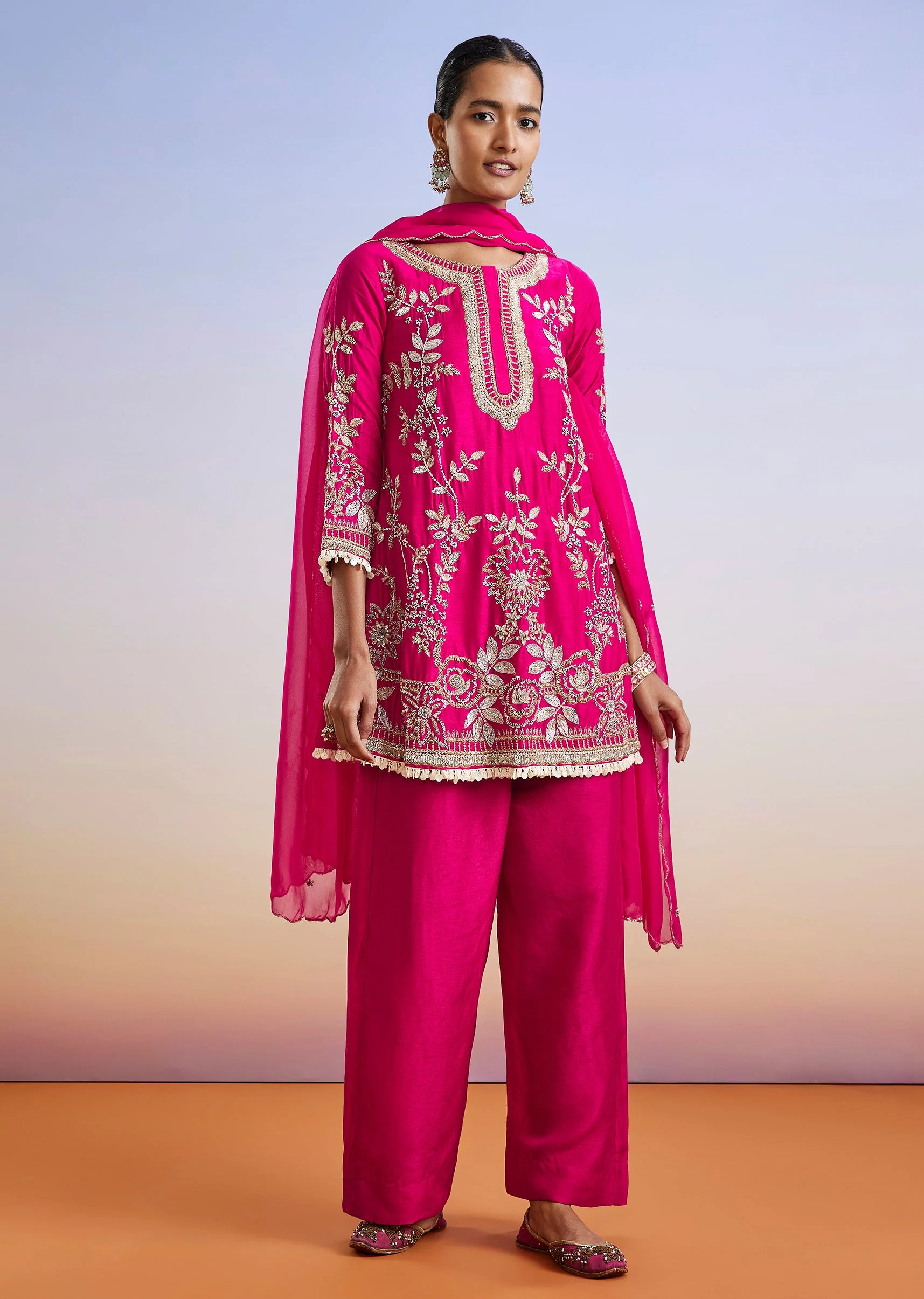 Pink Zardosi Embroidered Silk Palazzo Suit With Dupatta - Image 3