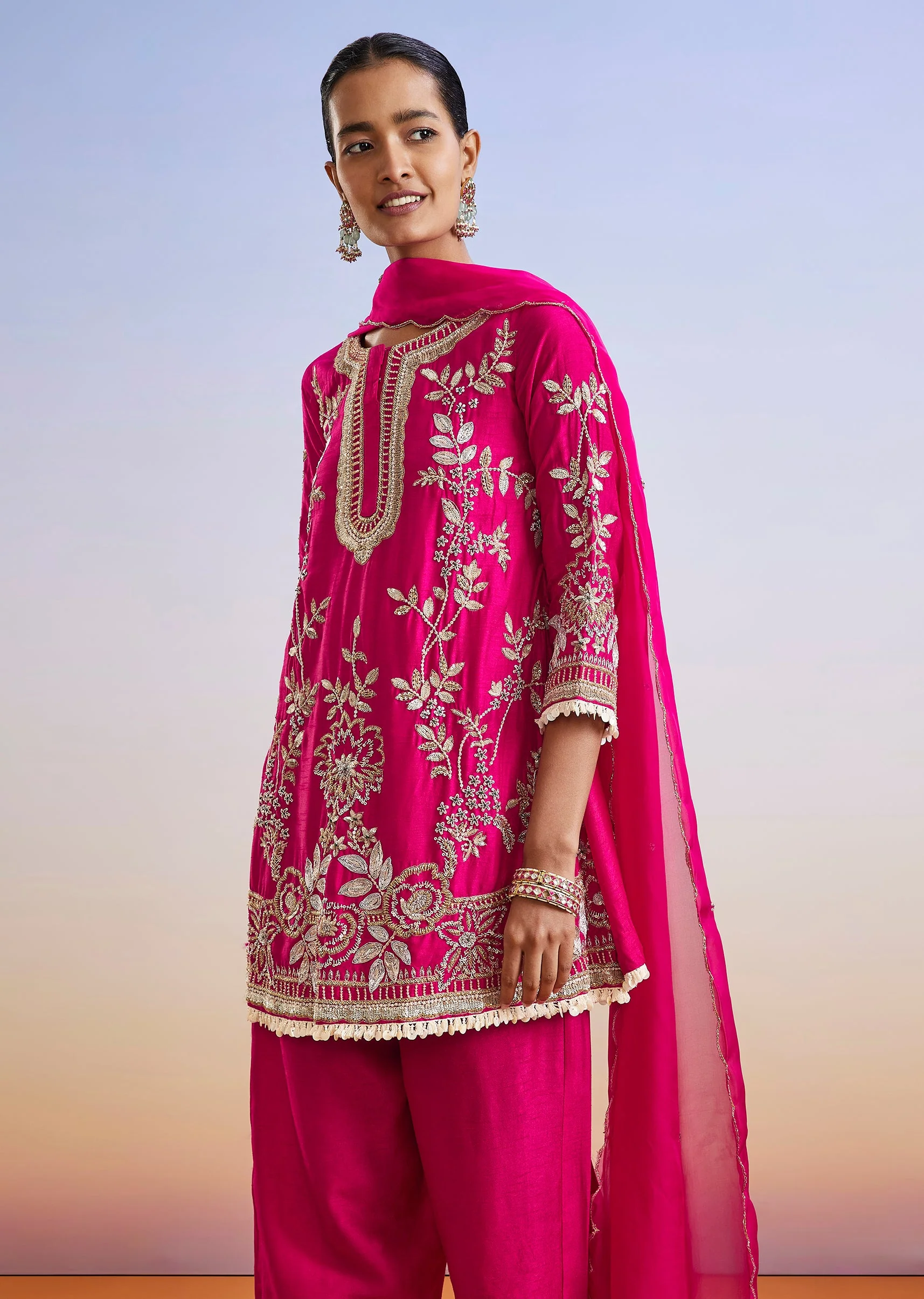 Pink Zardosi Embroidered Silk Palazzo Suit With Dupatta - Image 4