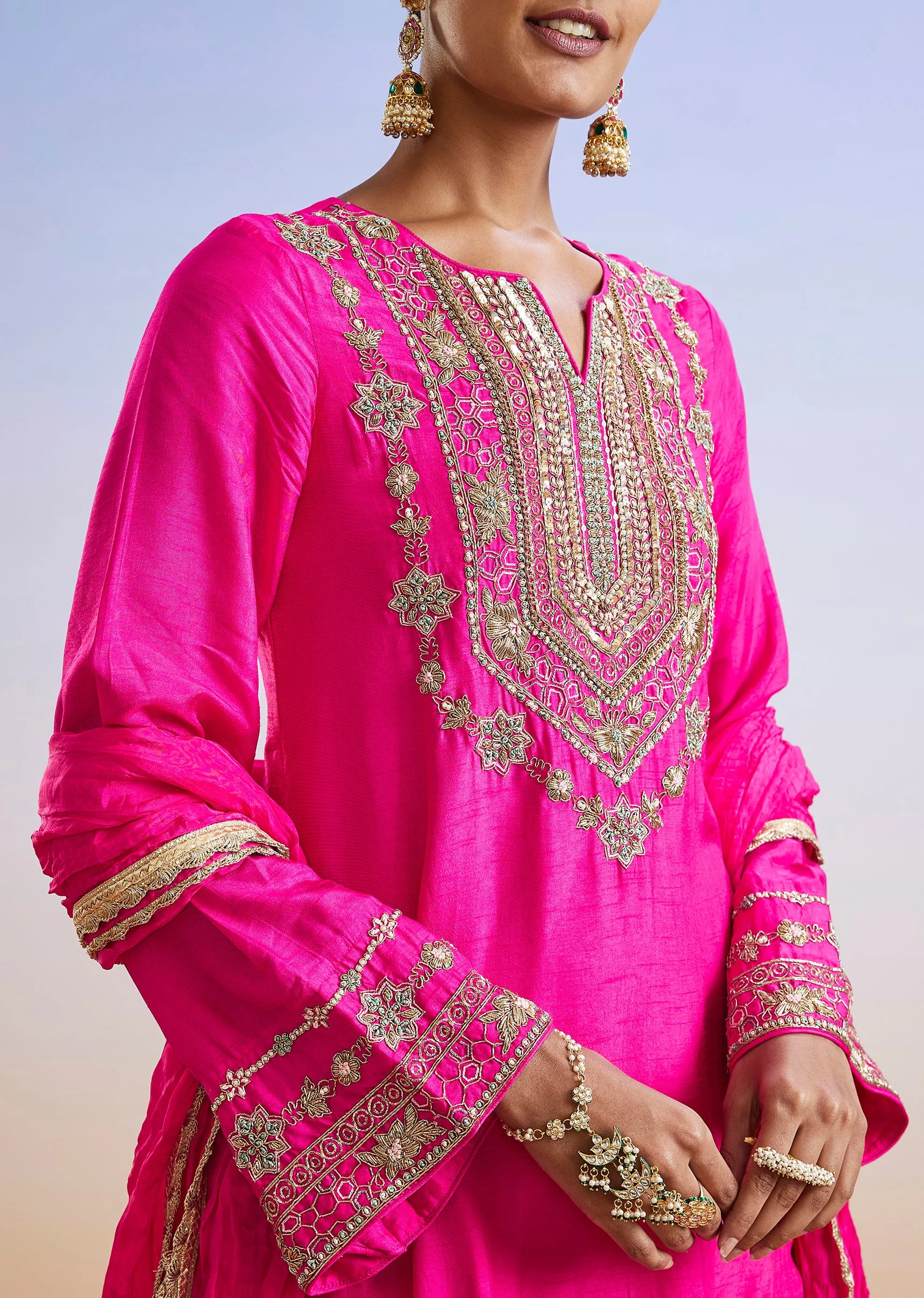 Pink Zardosi Embroidered Straight Kurta Palazzo Suit With Dupatta - Image 2