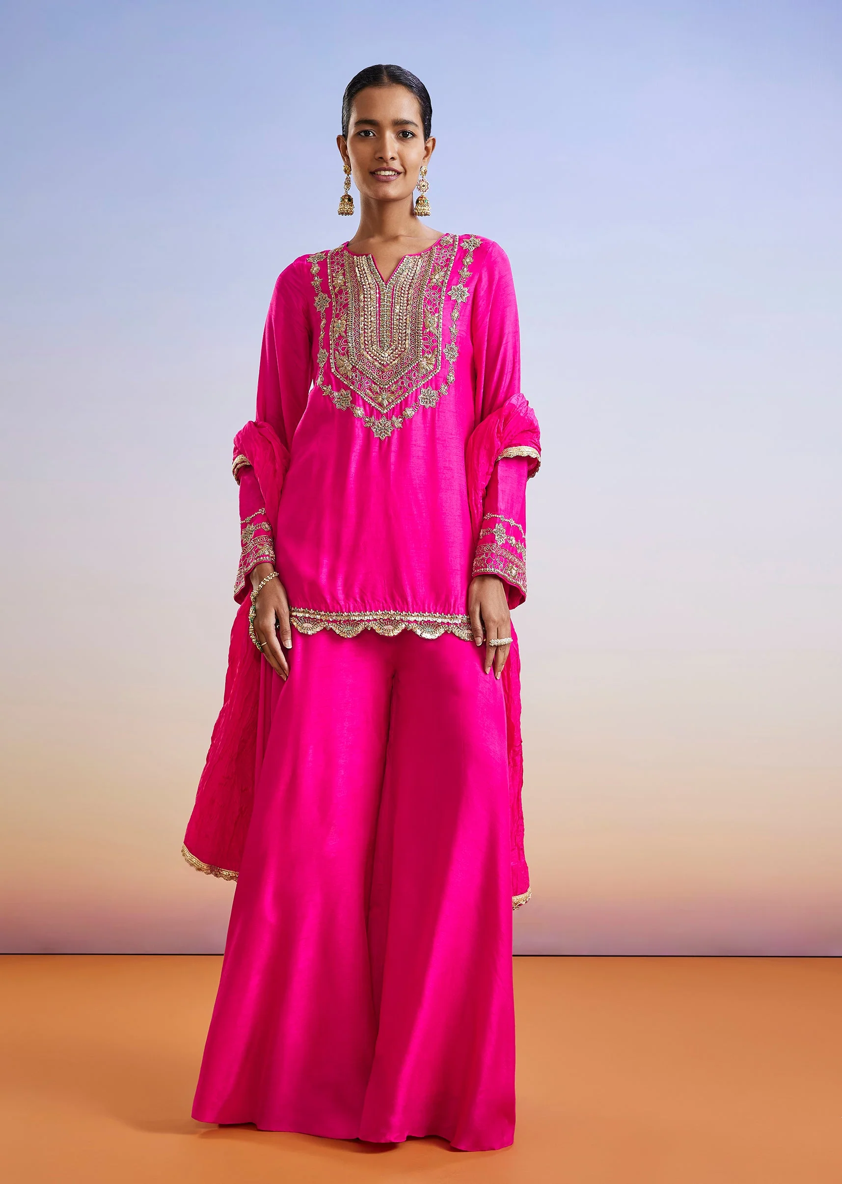 Pink Zardosi Embroidered Straight Kurta Palazzo Suit With Dupatta - Image 3